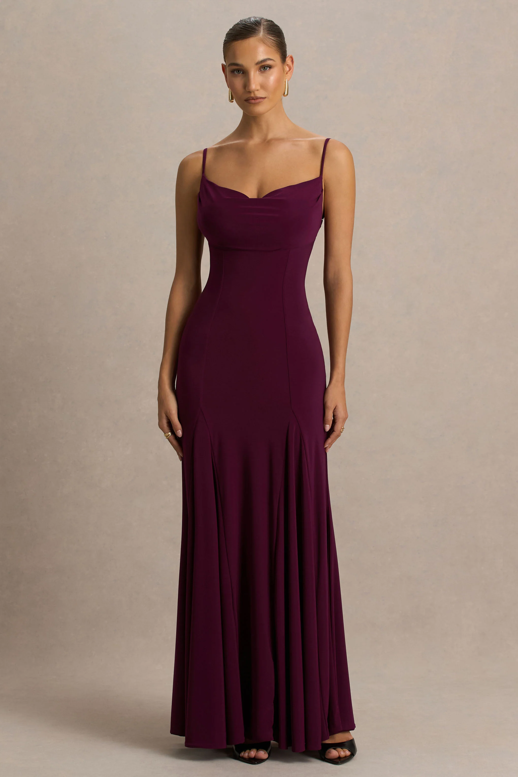 Gabbie | Bordeaux Draperend Hals Maxi Jurk Met Mesh Rug Detail