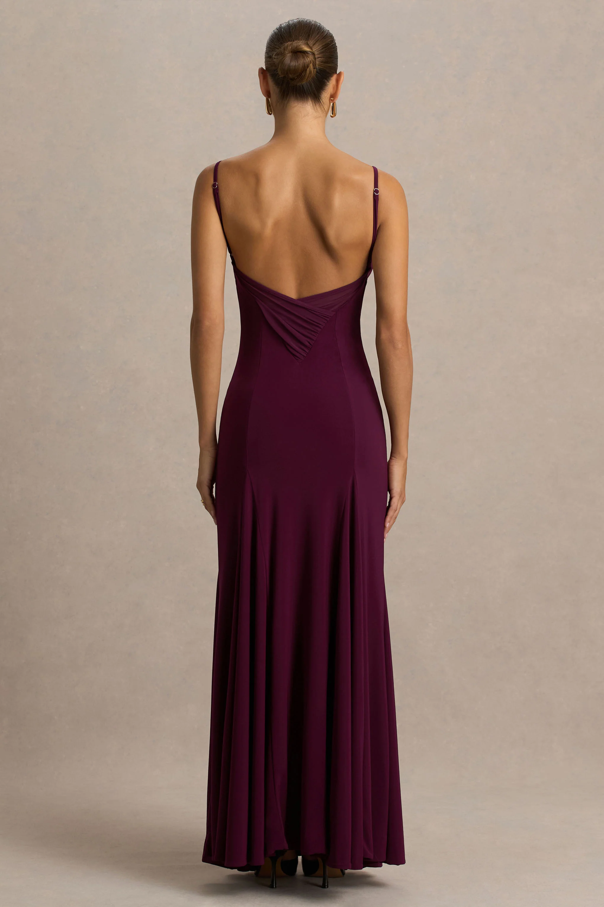 Gabbie | Bordeaux Draperend Hals Maxi Jurk Met Mesh Rug Detail - Image 2