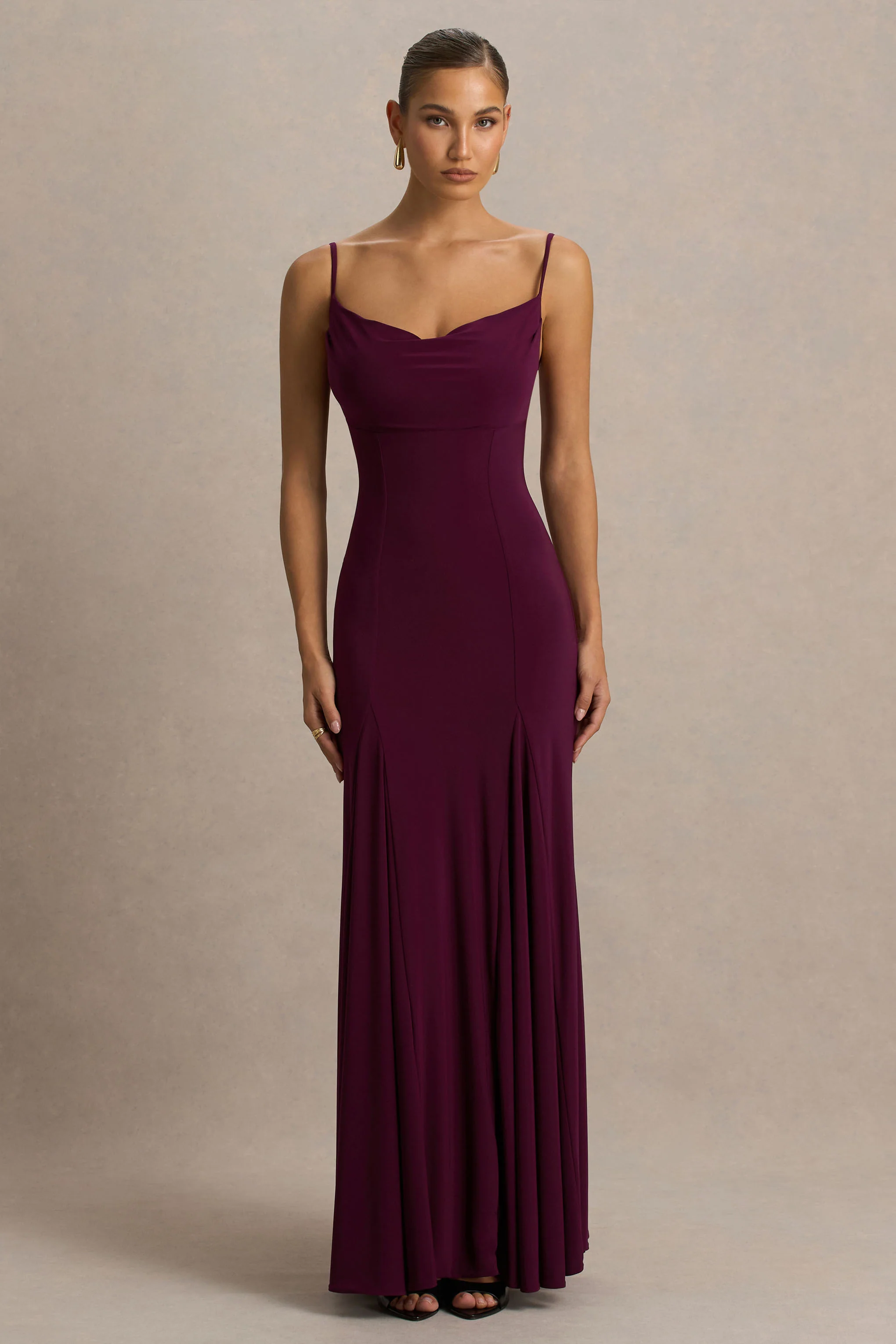 Gabbie | Bordeaux Draperend Hals Maxi Jurk Met Mesh Rug Detail - Image 5