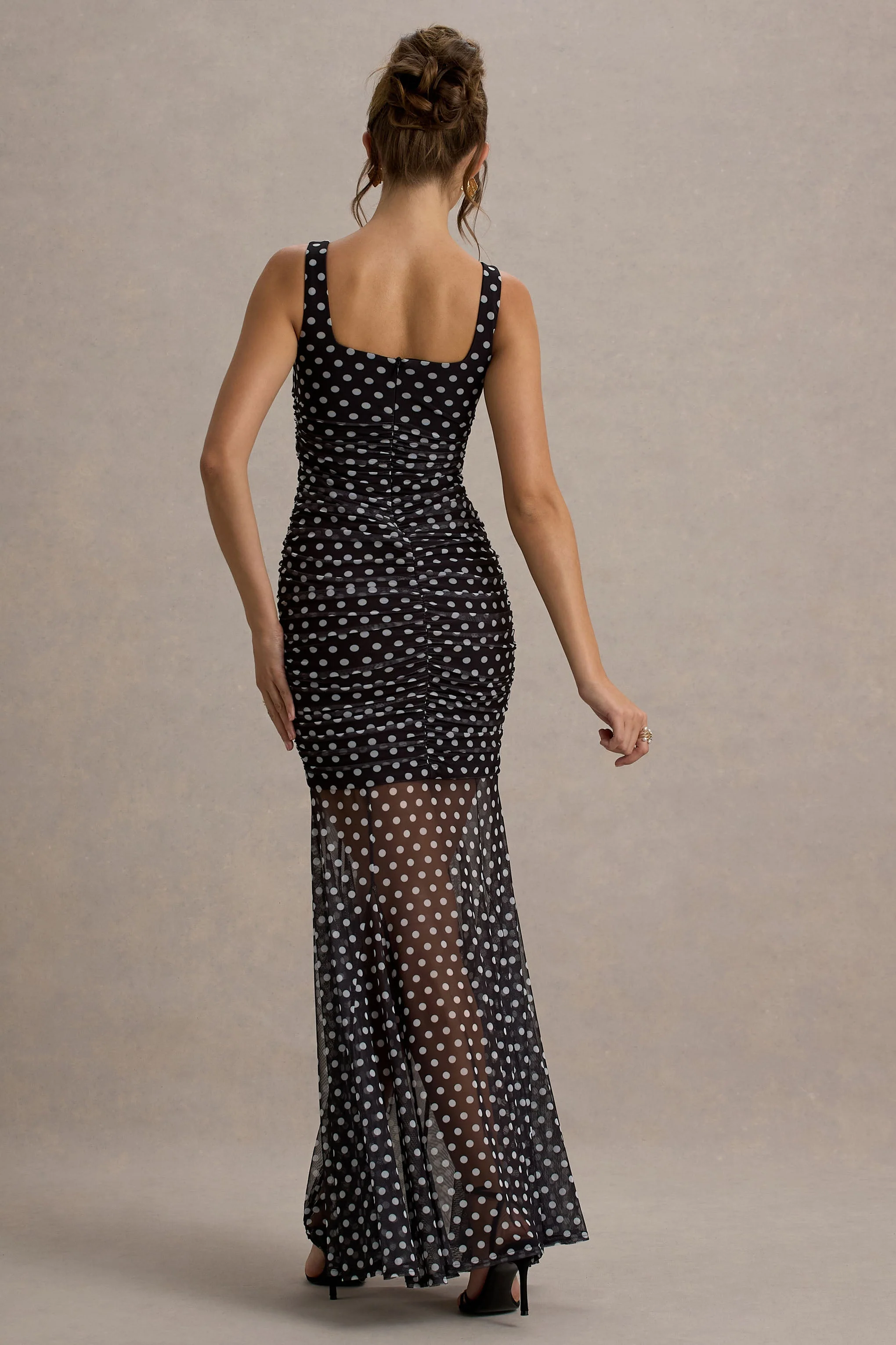 Galaxia | Zwart-Witte Stippen Print Maxi Jurk Met Mesh Rok - Image 2