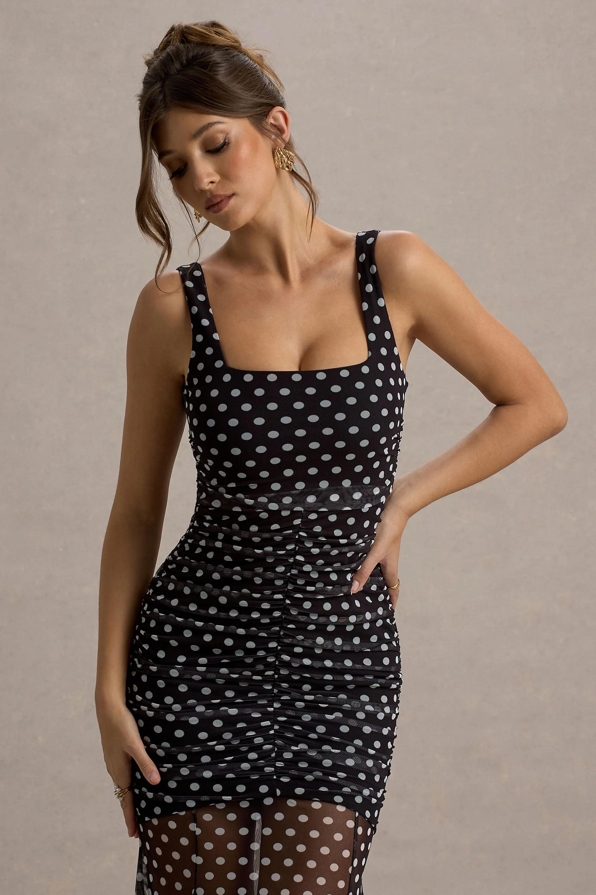Galaxia | Zwart-Witte Stippen Print Maxi Jurk Met Mesh Rok - Image 3