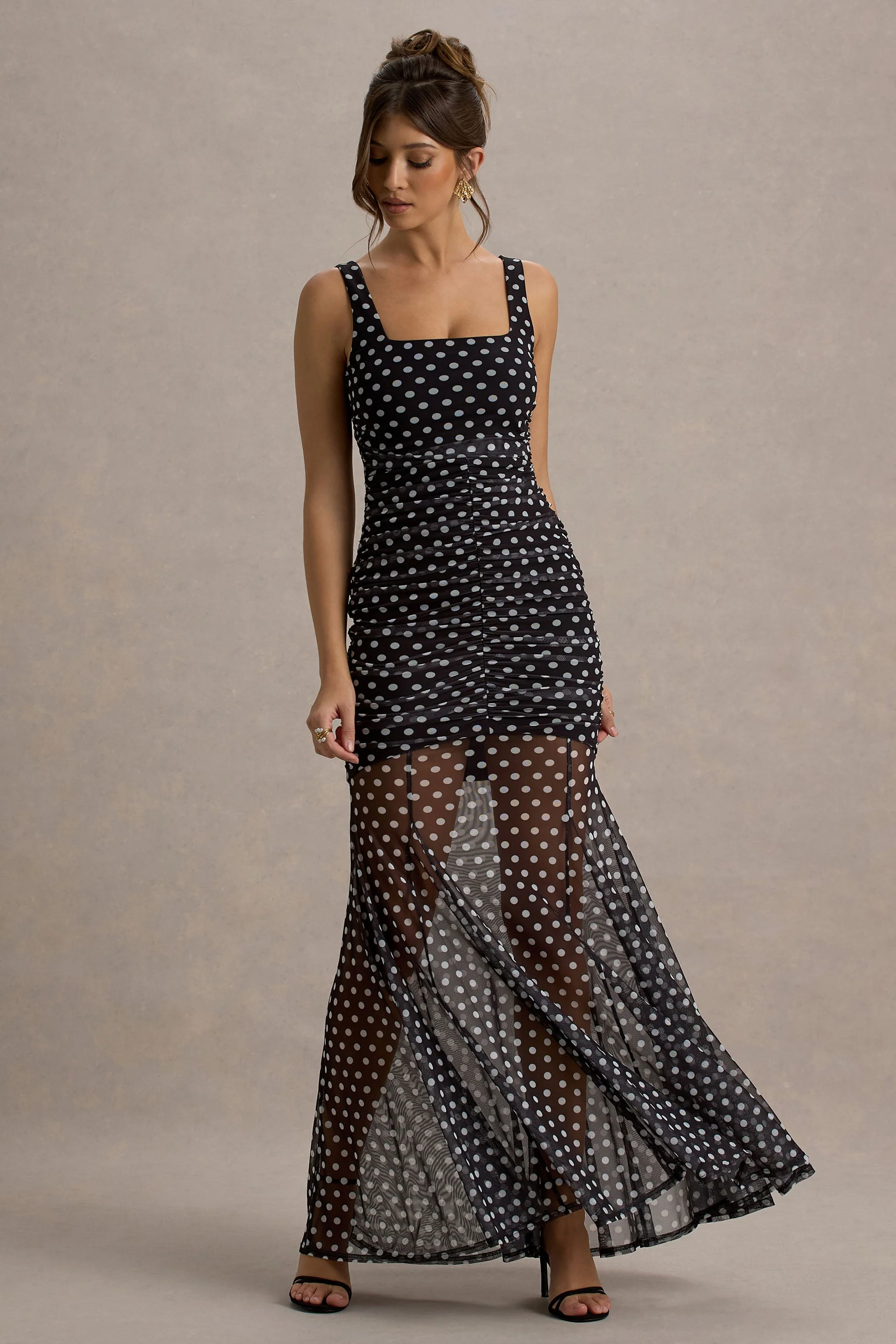 Galaxia | Zwart-Witte Stippen Print Maxi Jurk Met Mesh Rok - Image 4