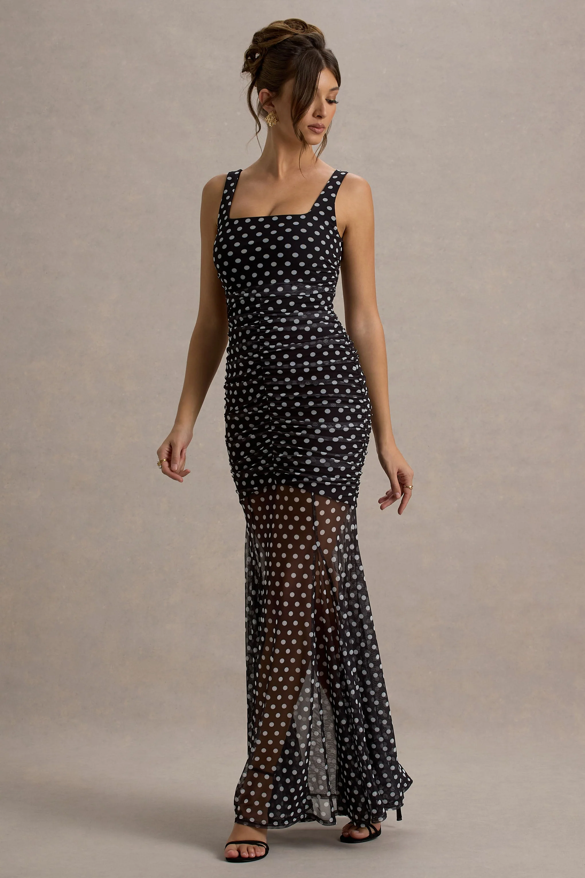 Galaxia | Zwart-Witte Stippen Print Maxi Jurk Met Mesh Rok - Image 5