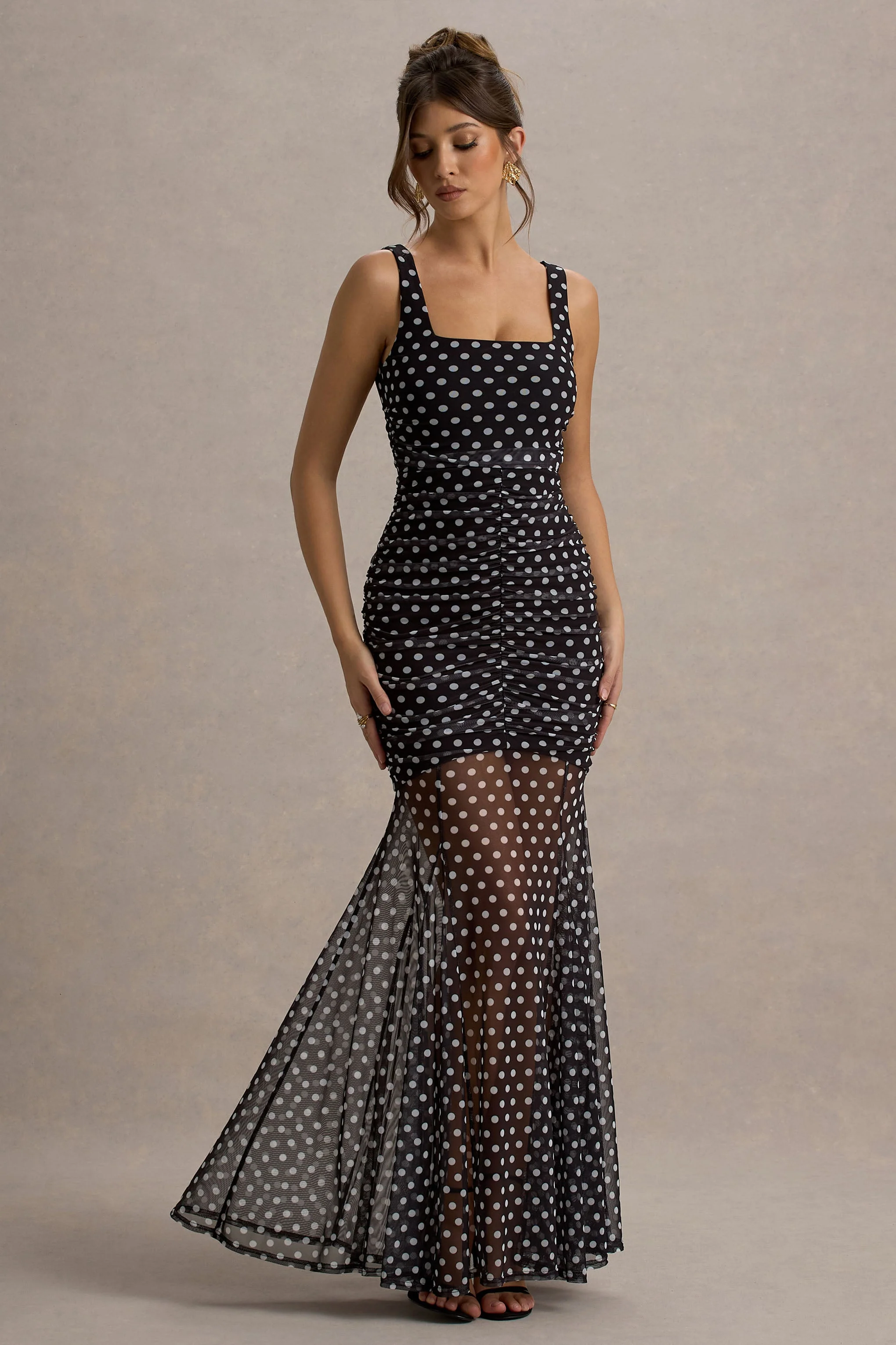 Galaxia | Zwart-Witte Stippen Print Maxi Jurk Met Mesh Rok - Image 6
