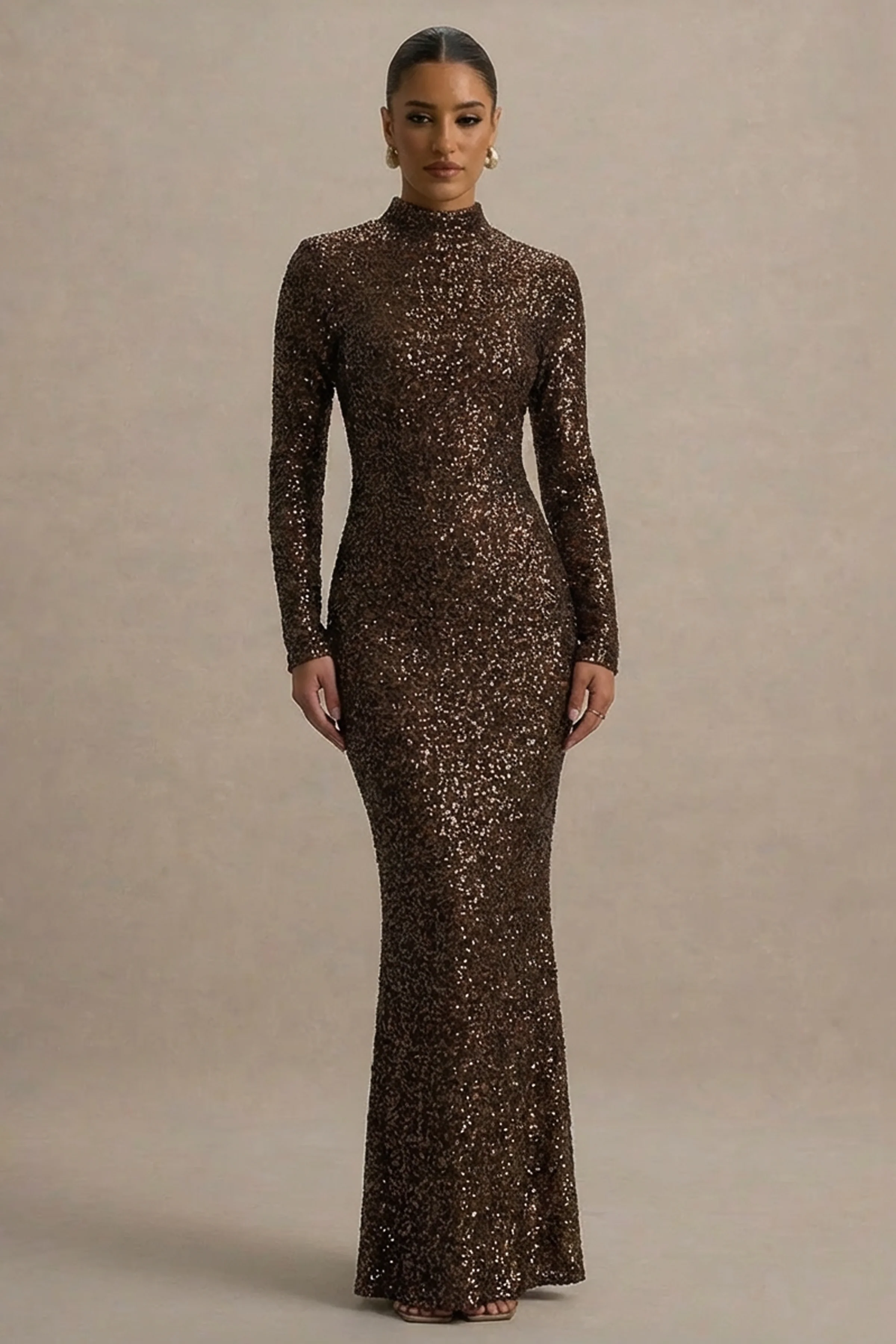 Galaxy | Bruine Pailletten Maxi Jurk met Col en Lange Mouwen - Image 5