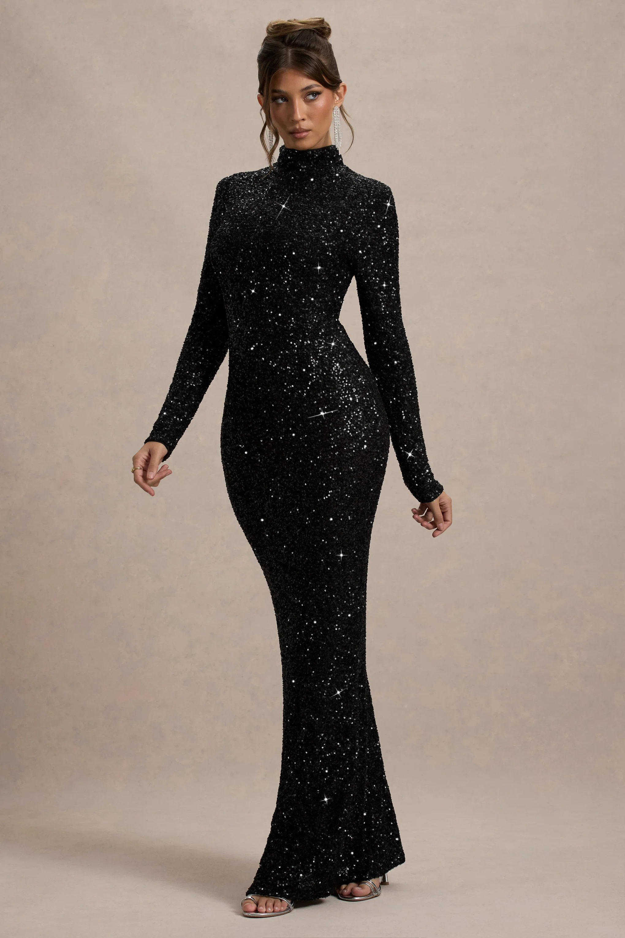 Galaxy | Zwarte Pailletten Turtleneck Maxi Jurk Met Lange Mouwen - Image 4