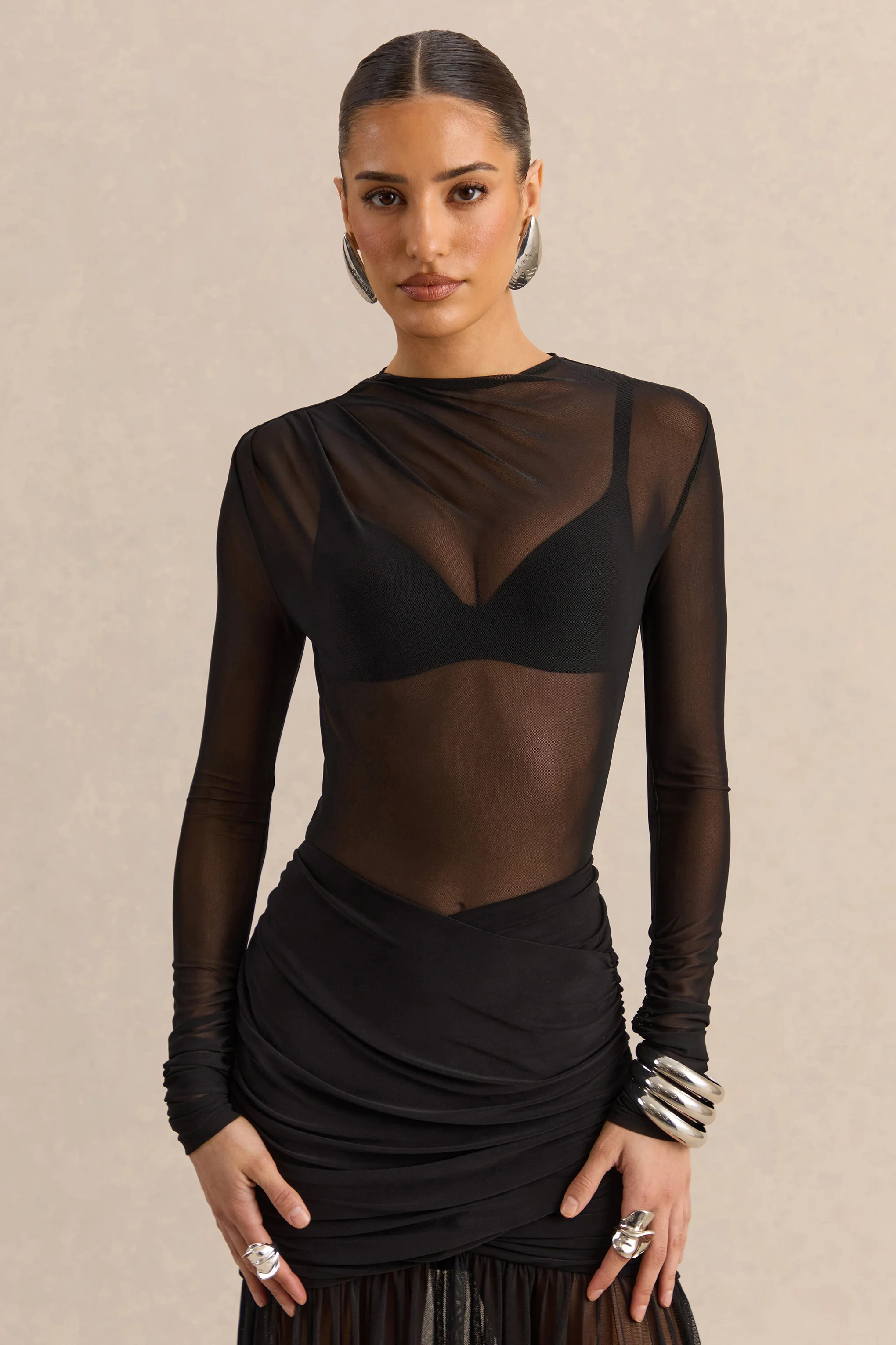 Garina | Zwarte Mesh Body Met Hoge Hals En Lange Mouwen