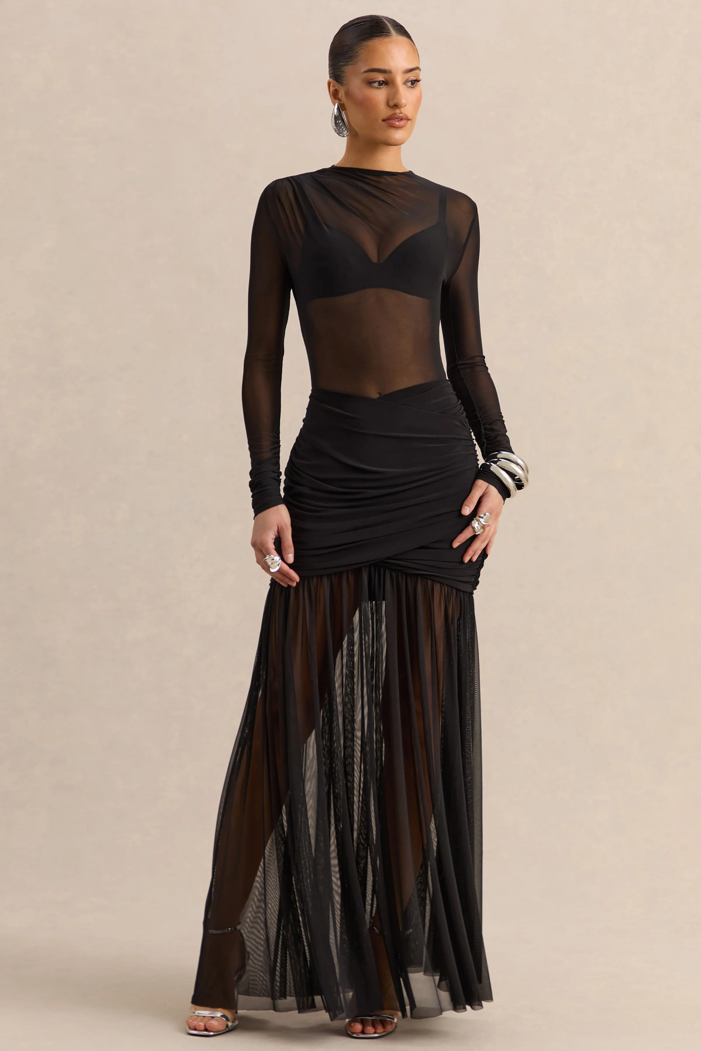 Garina | Zwarte Mesh Body Met Hoge Hals En Lange Mouwen - Image 3