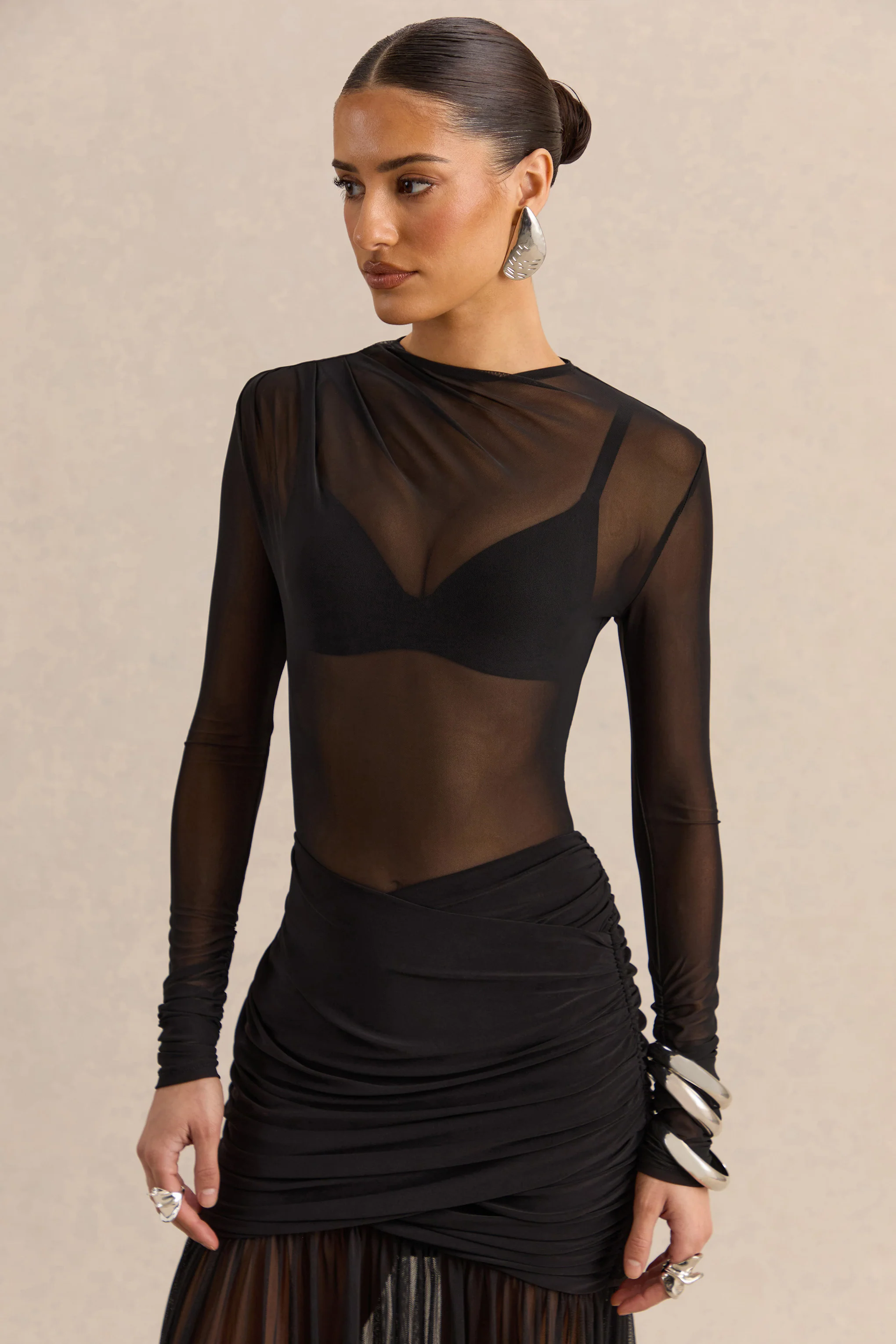 Garina | Zwarte Mesh Body Met Hoge Hals En Lange Mouwen - Image 4