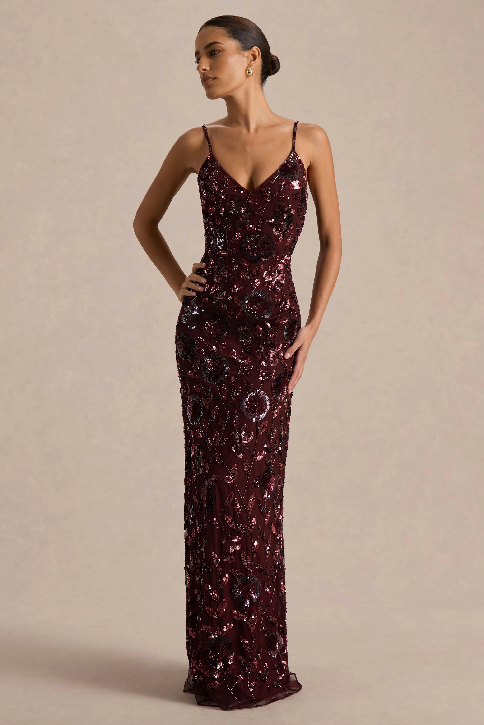 Gemini | Bordeaux Bloemen Pailletten Versierde Maxi Jurk Met Spaghetti-bandjes - Image 4
