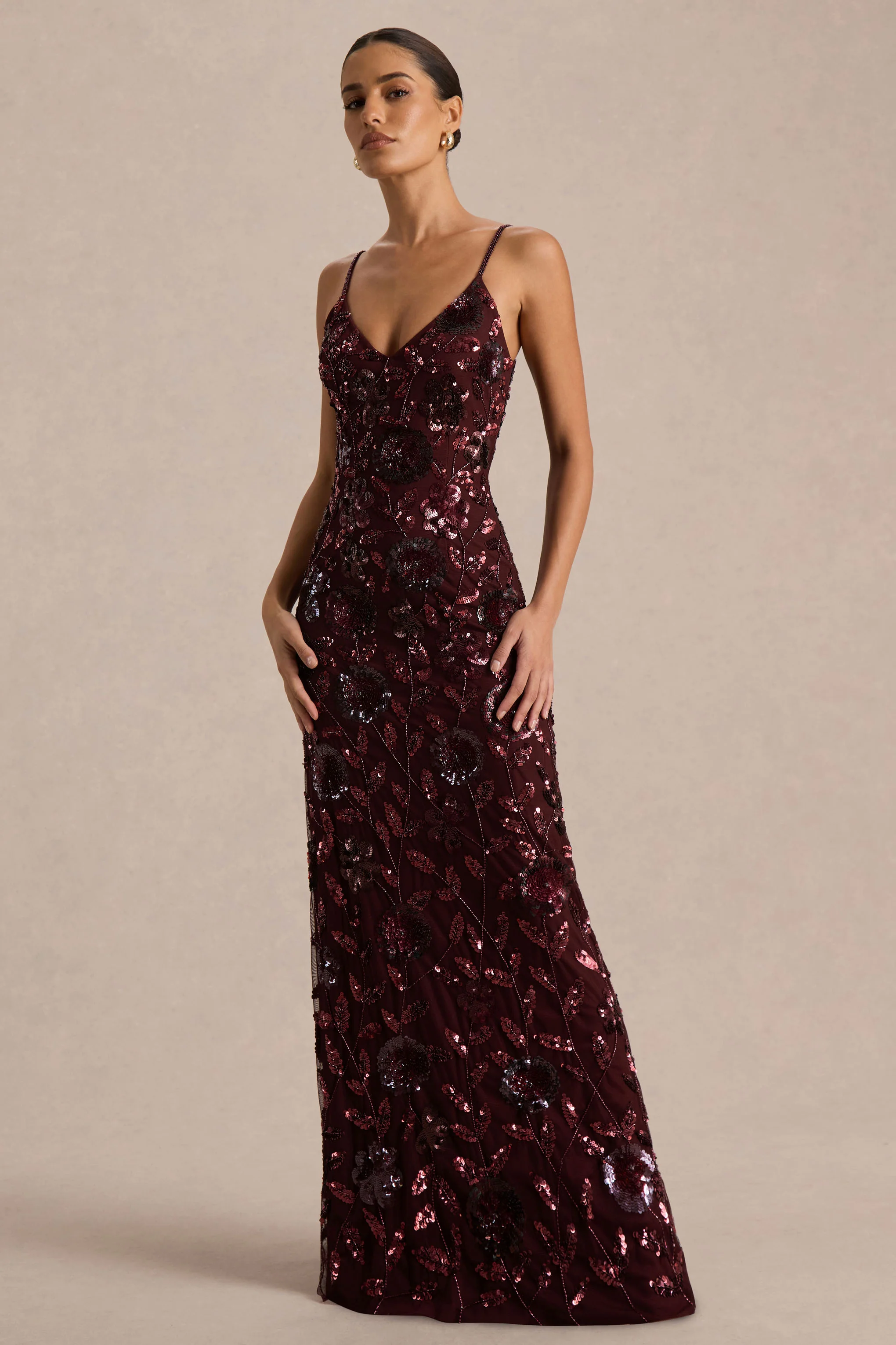 Gemini | Bordeaux Bloemen Pailletten Versierde Maxi Jurk Met Spaghetti-bandjes - Image 5