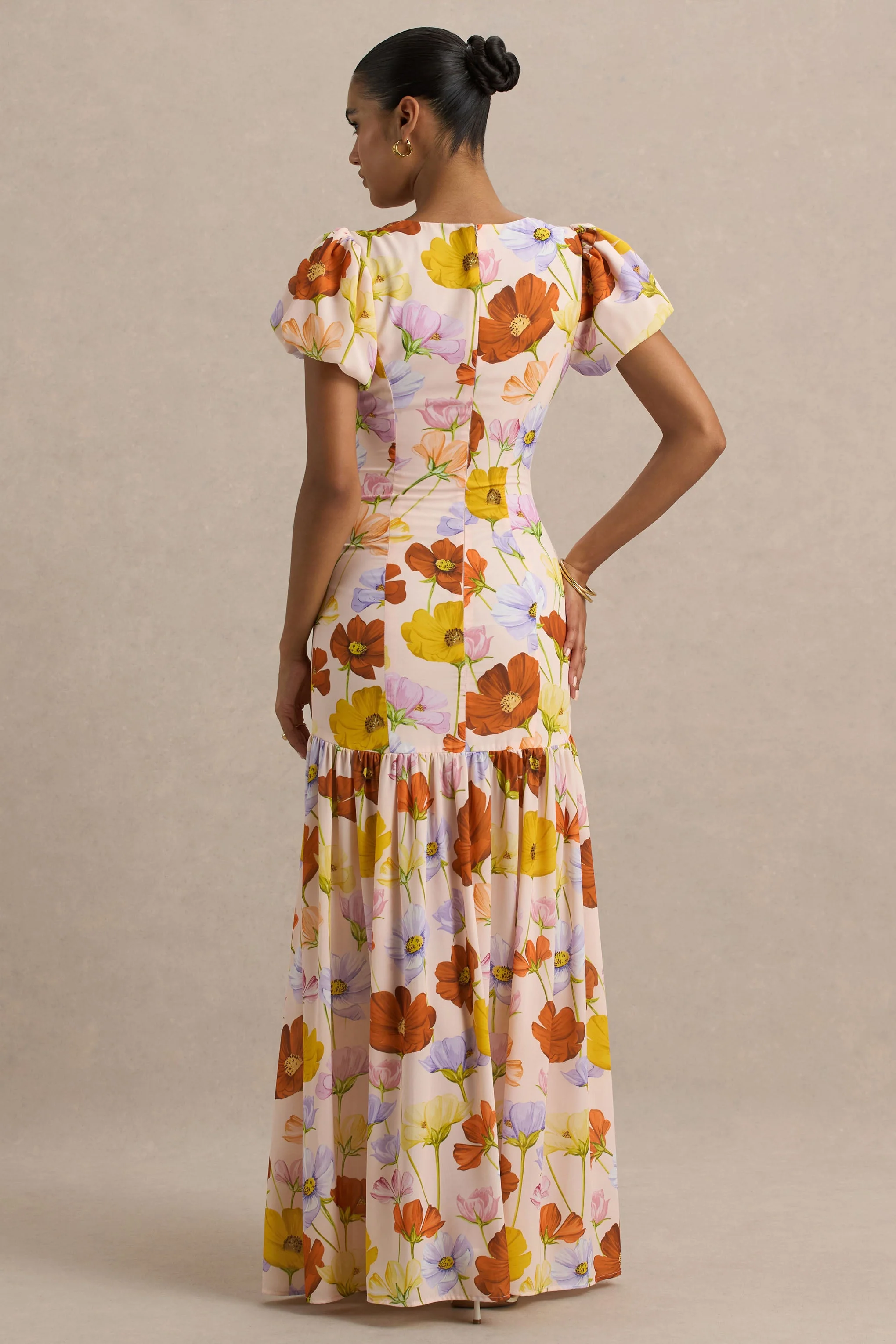 Ginny | Felle Bloemenprint Split Maxi Jurk Met Pof Mouwen - Image 2