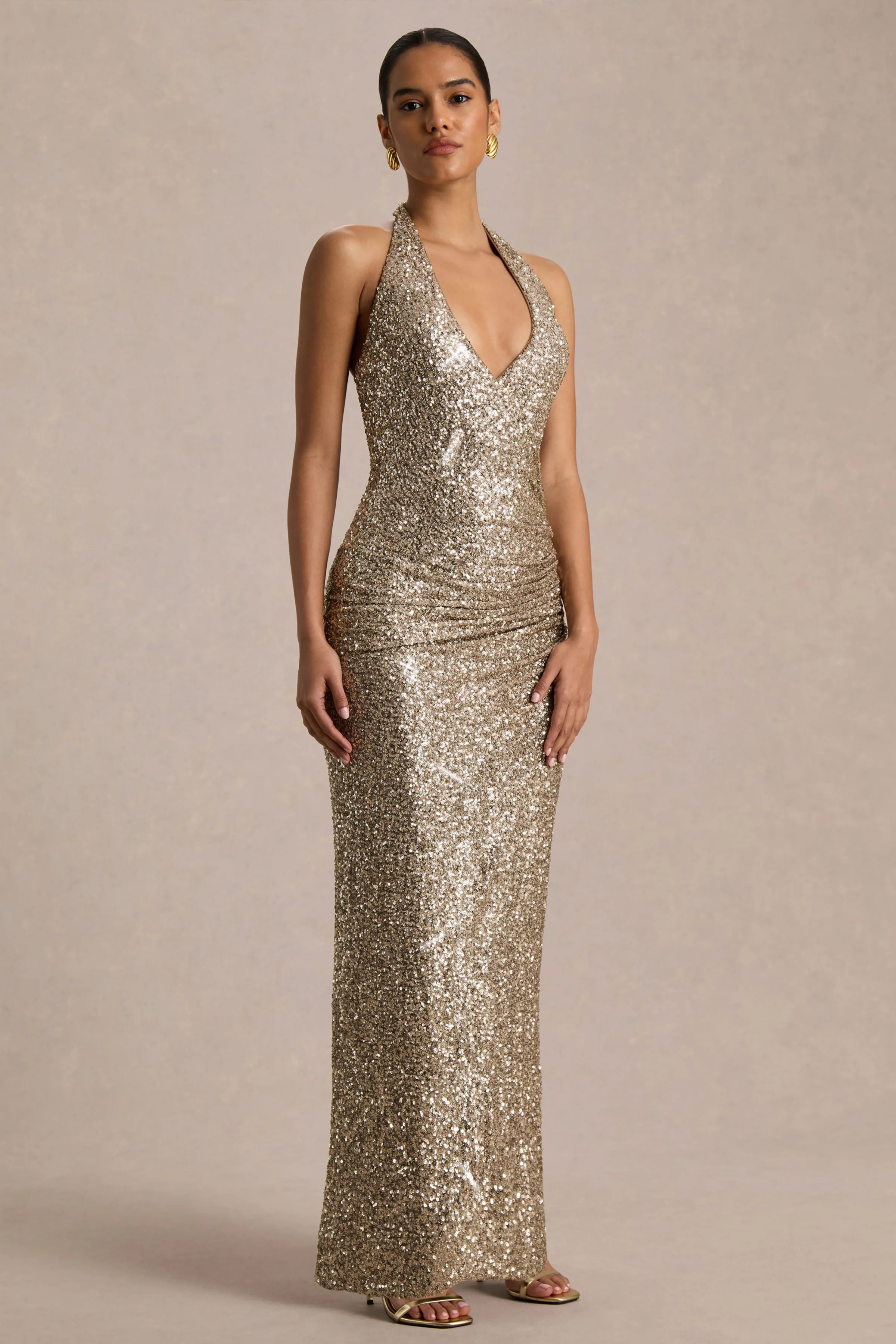 Gio | Champagne Pailletten Overslag Midi Jurk Met Diepe V‑Hals En Gerimpeld Detail - Image 6