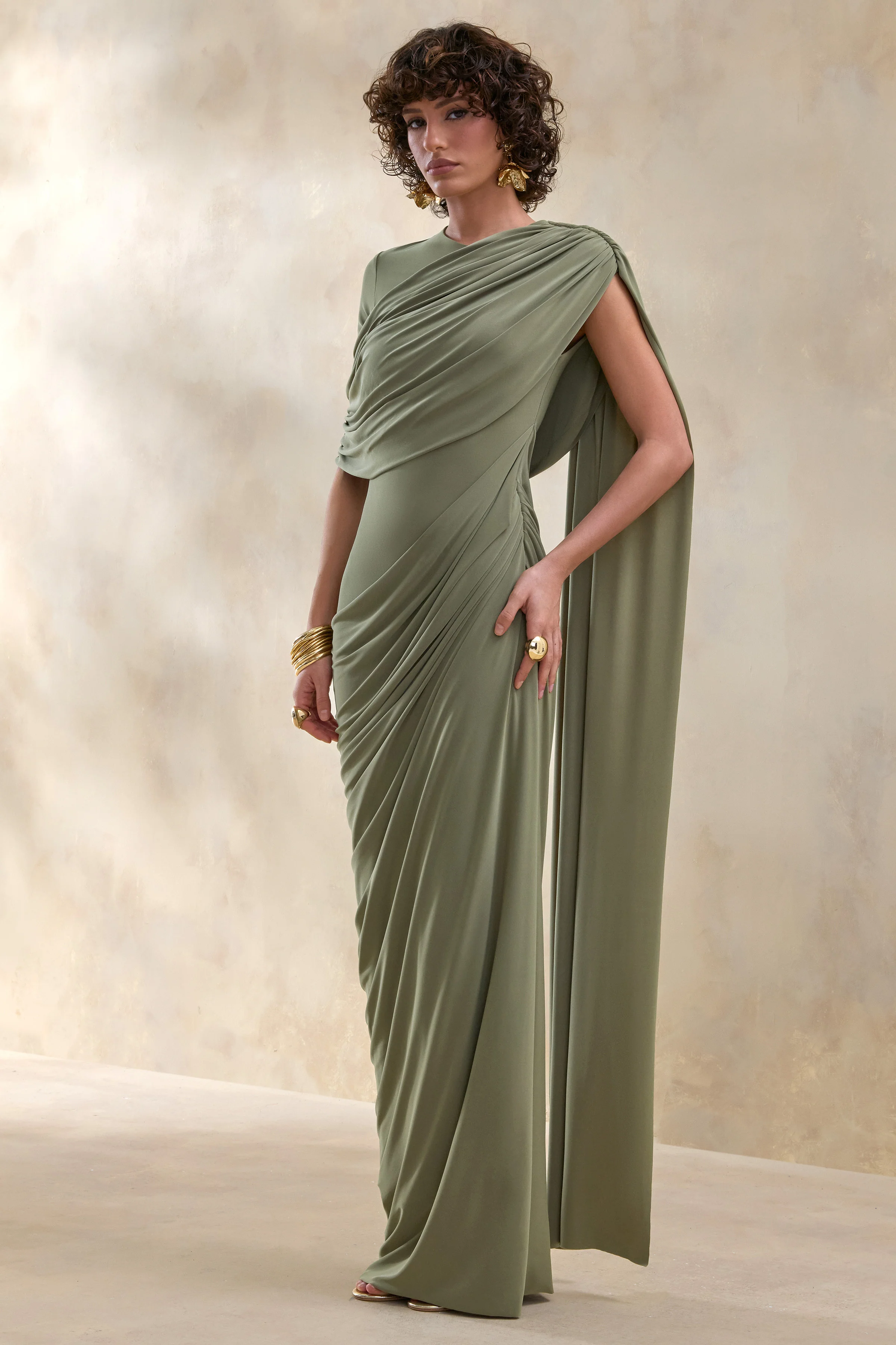 Gisara | Olijfgroene Hoge Hals Maxi Jurk met Ceintuur en Gedrapeerde Details