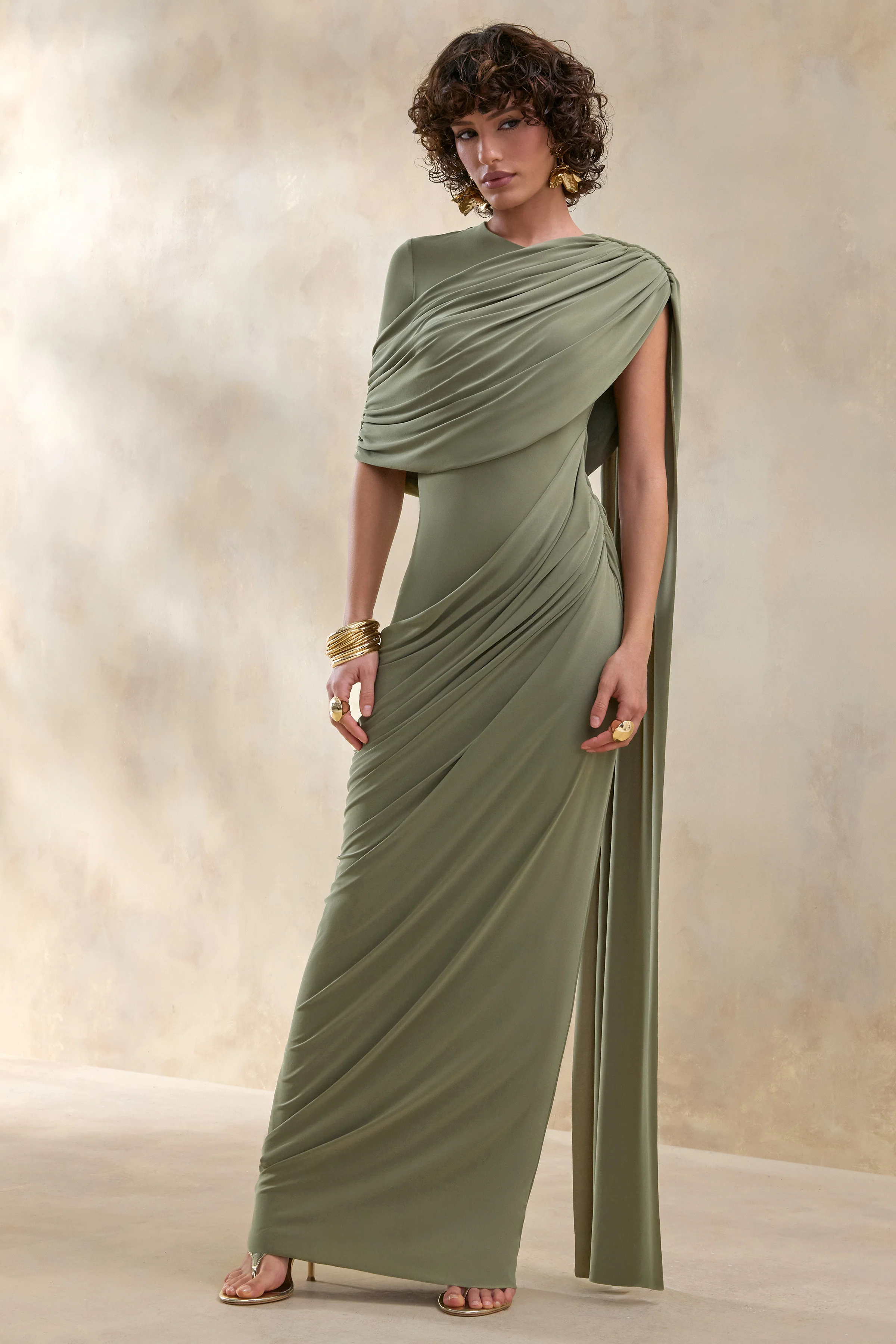 Gisara | Olijfgroene Hoge Hals Maxi Jurk met Ceintuur en Gedrapeerde Details - Image 4