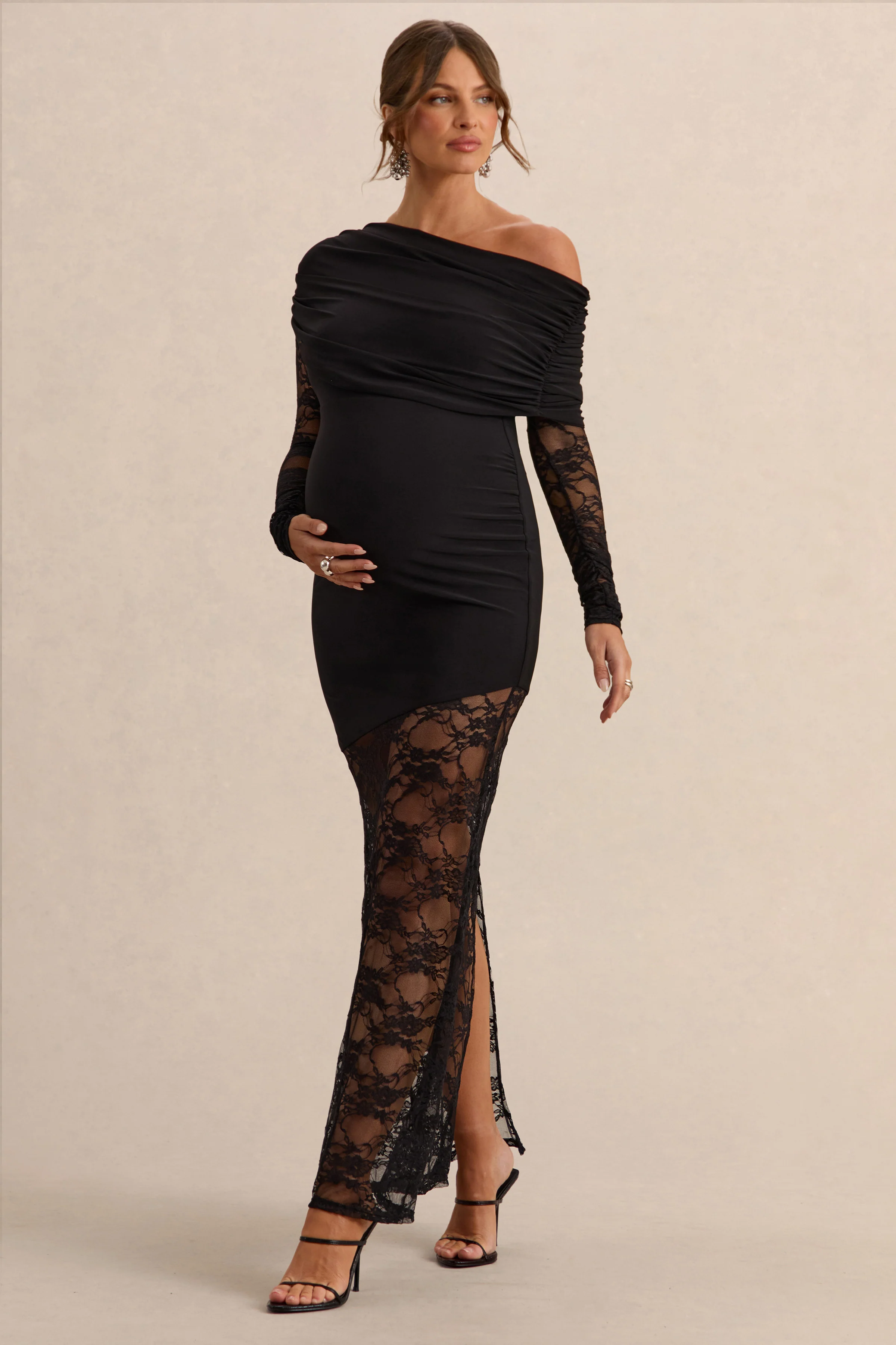 Giuliana | Zwarte Asymmetrische Hals Zwangerschaps Maxi Jurk Met Kanten Details