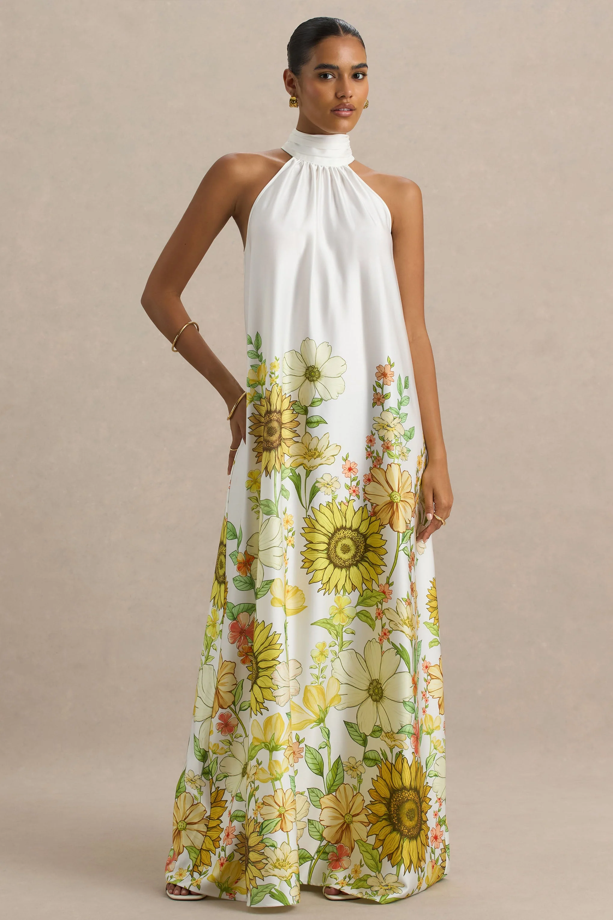 Glide | Zonnebloemprint Satijnen Hoge Hals Slip Maxi Jurk - Image 4