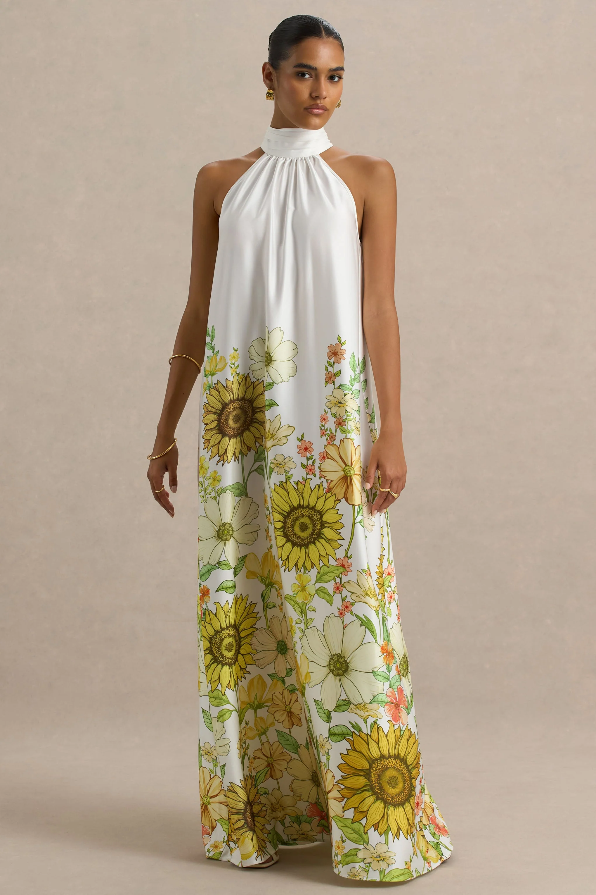 Glide | Zonnebloemprint Satijnen Hoge Hals Slip Maxi Jurk - Image 5