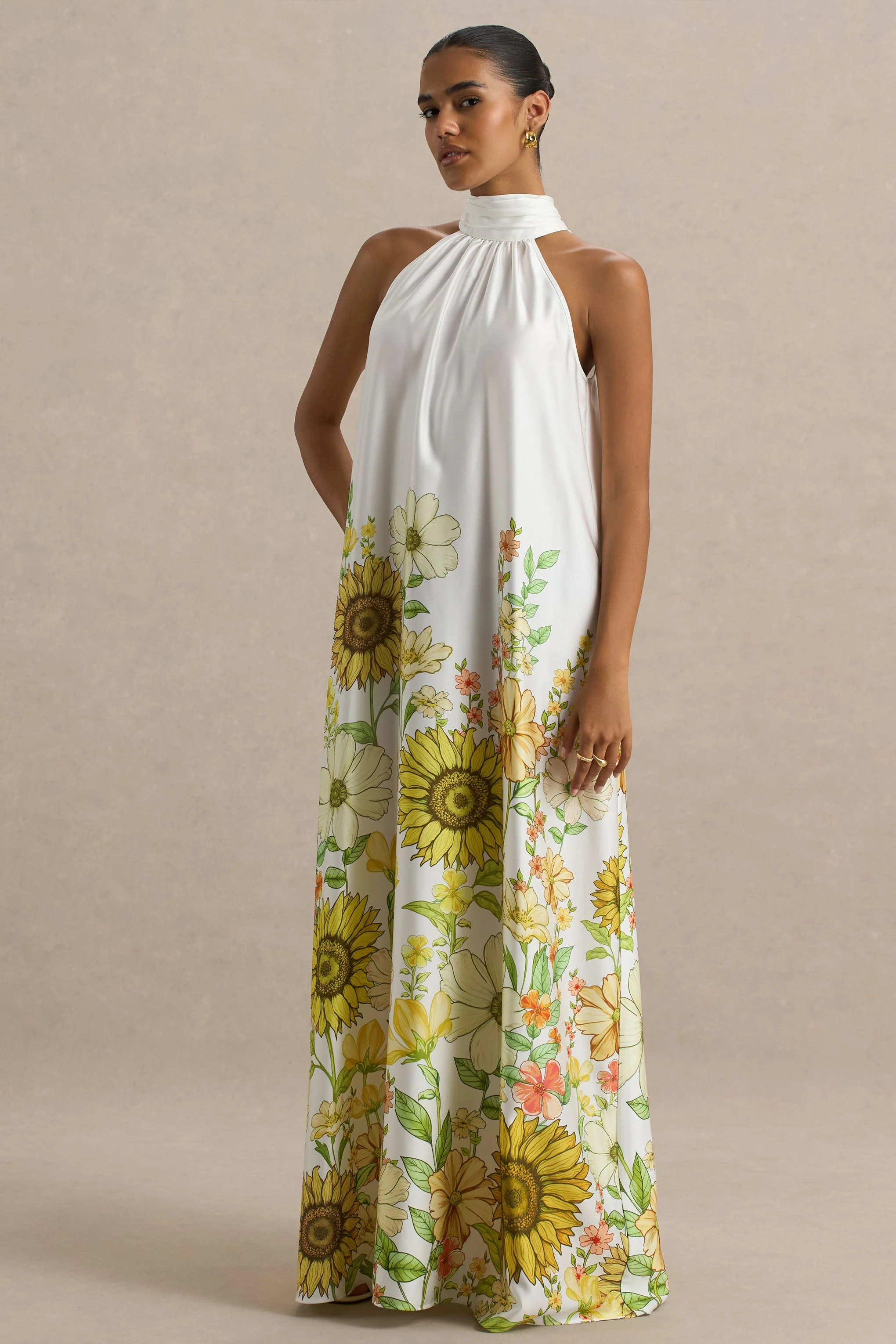 Glide | Zonnebloemprint Satijnen Hoge Hals Slip Maxi Jurk - Image 7