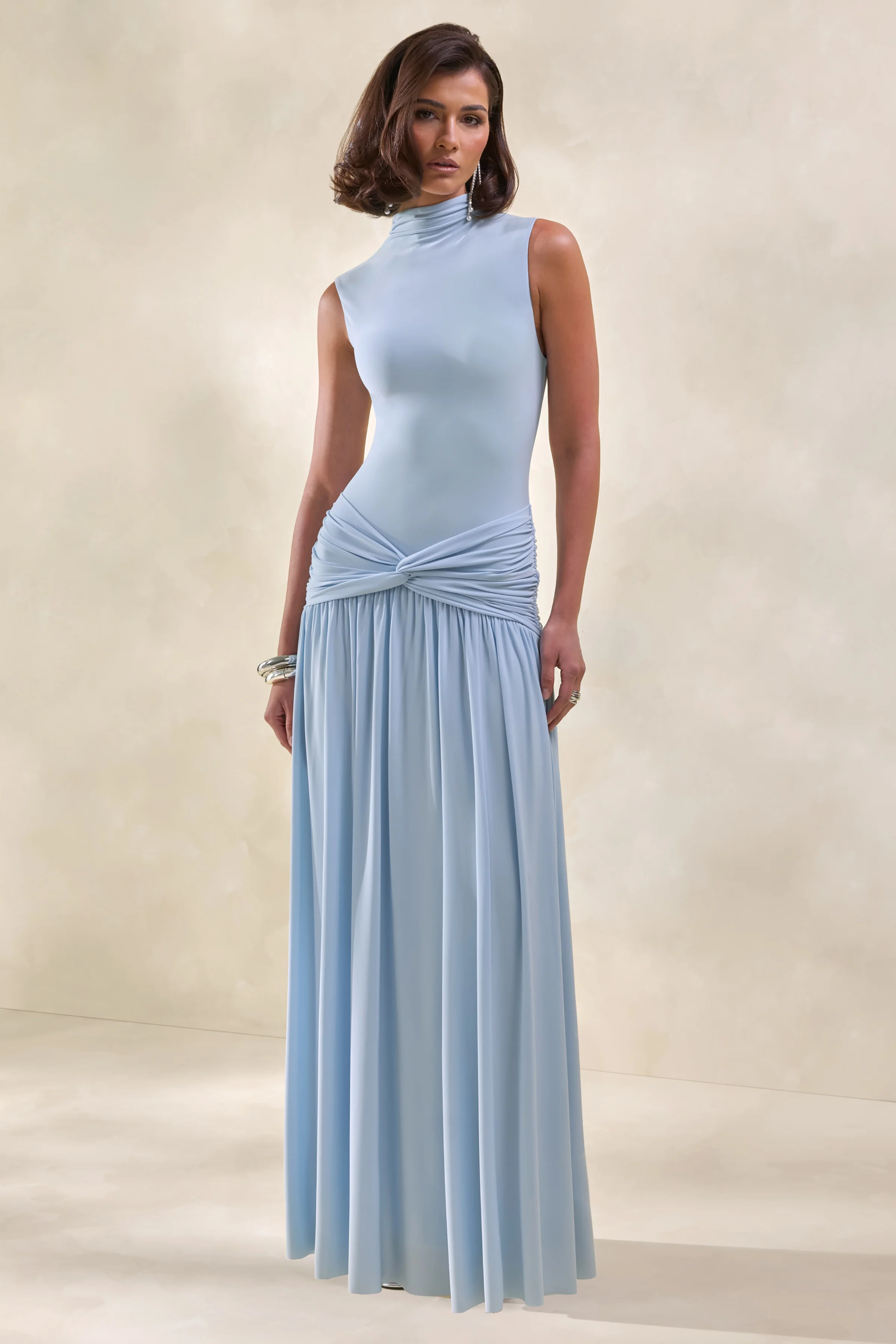 Glimora | Poederblauwe Hoge Hals Maxi Jurk met Gerimpelde Details