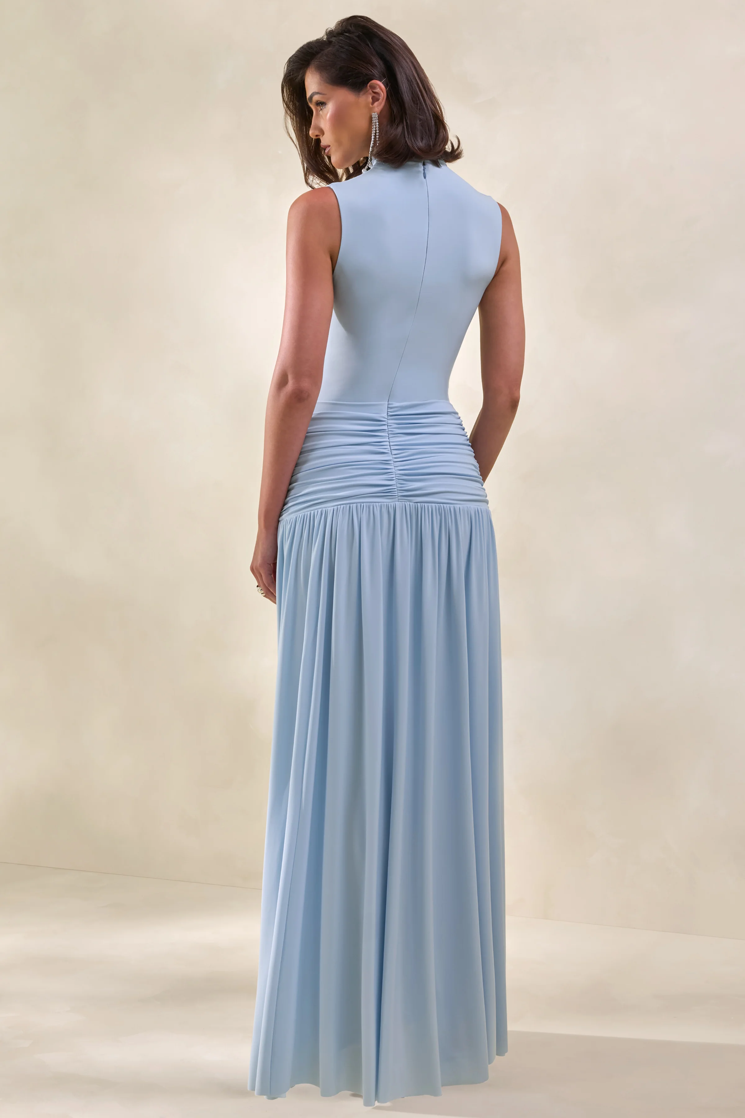 Glimora | Poederblauwe Hoge Hals Maxi Jurk met Gerimpelde Details - Image 2