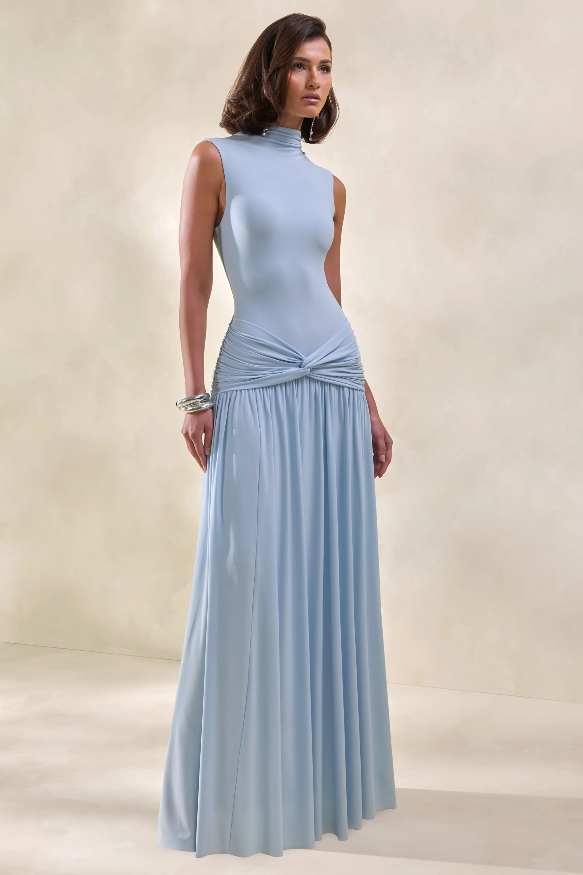 Glimora | Poederblauwe Hoge Hals Maxi Jurk met Gerimpelde Details - Image 4