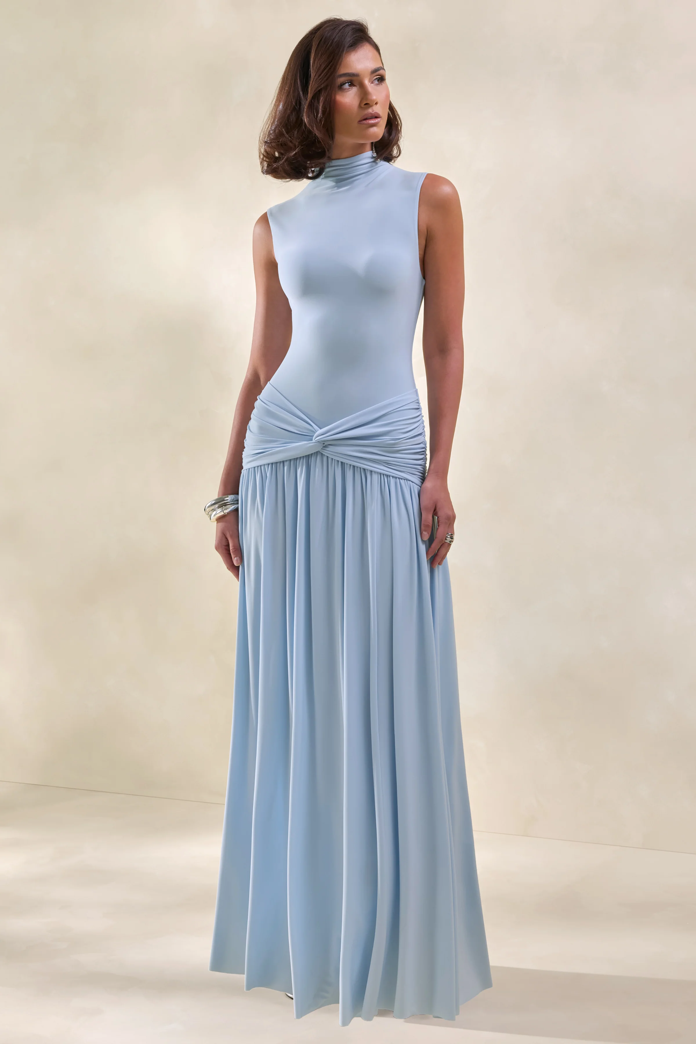 Glimora | Poederblauwe Hoge Hals Maxi Jurk met Gerimpelde Details - Image 5