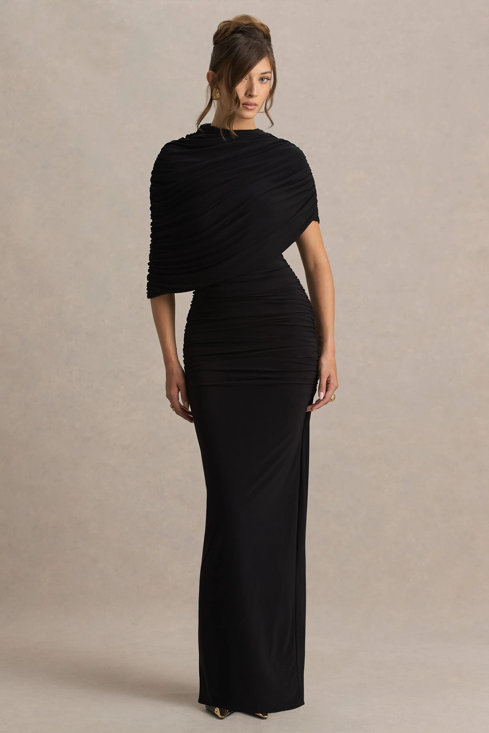 Glitz | Zwart Hoge Hals Maxi Jurk Met Cape Mouw En Gerimpeld Detail - Image 2