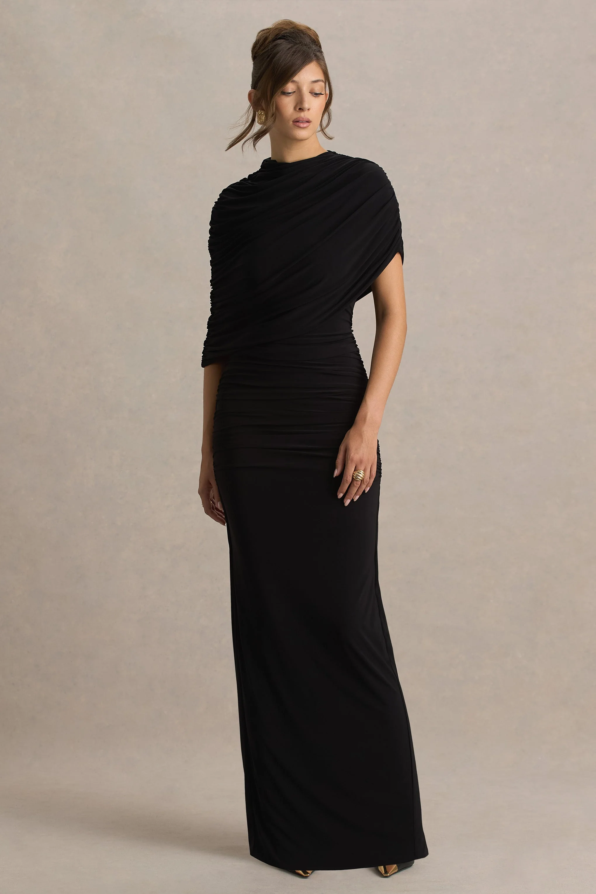 Glitz | Zwart Hoge Hals Maxi Jurk Met Cape Mouw En Gerimpeld Detail - Image 5