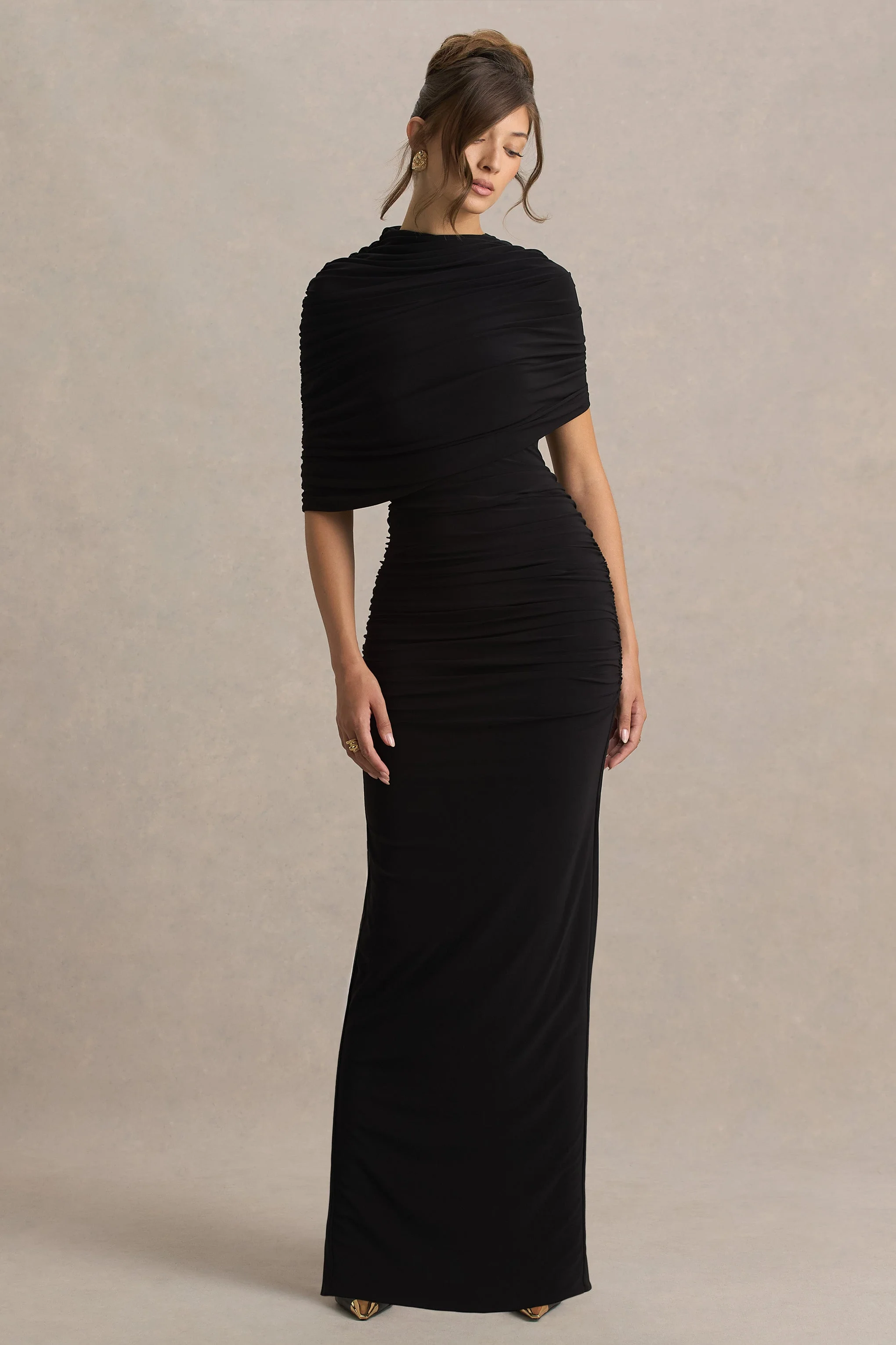 Glitz | Zwart Hoge Hals Maxi Jurk Met Cape Mouw En Gerimpeld Detail - Image 6