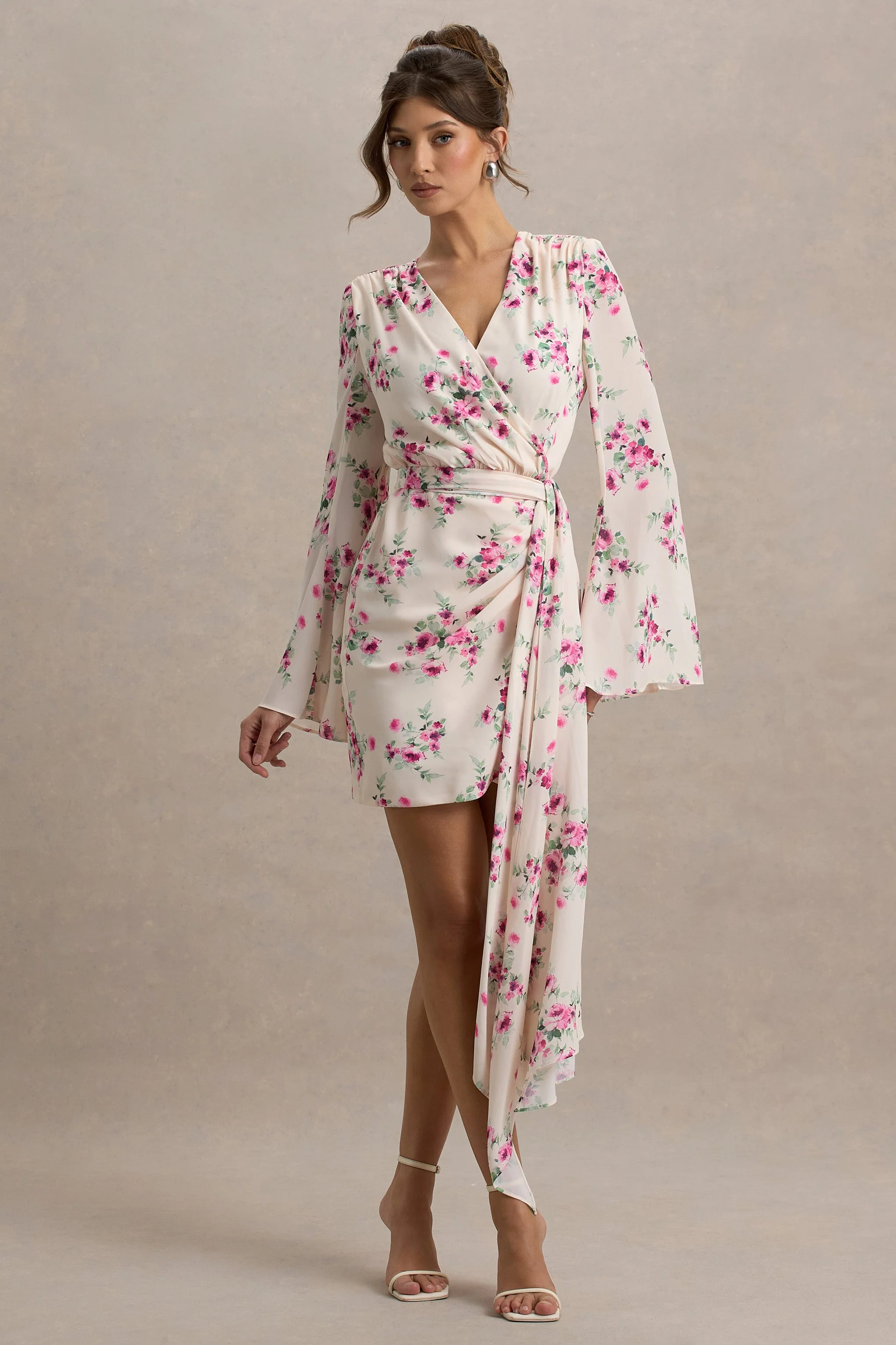 Goldie | Crème Bloemenprint Chiffon Mini Jurk Met overslag En Langmouwen - Image 5