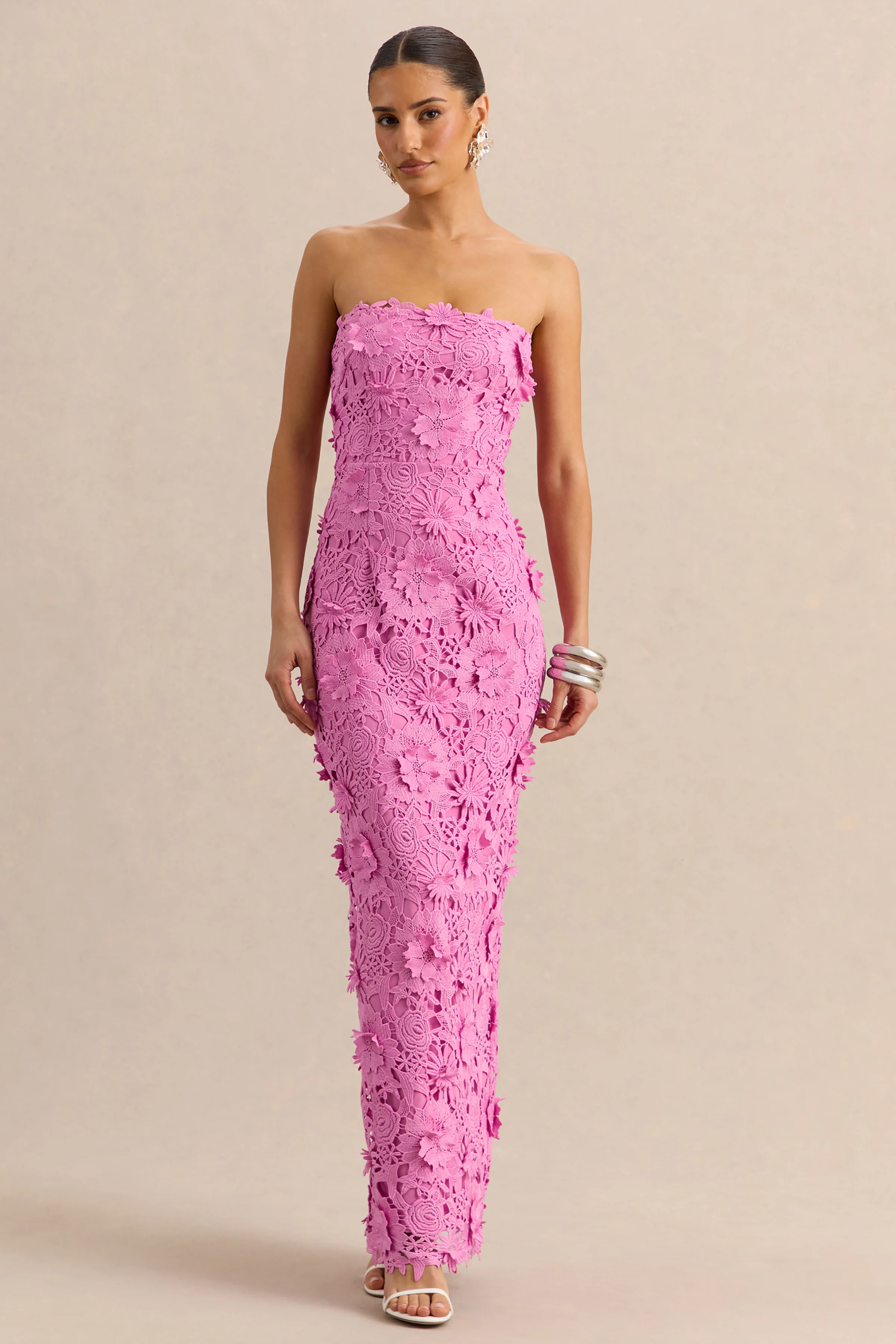 Gracie | Roze Kanten Bandeau Maxi Jurk