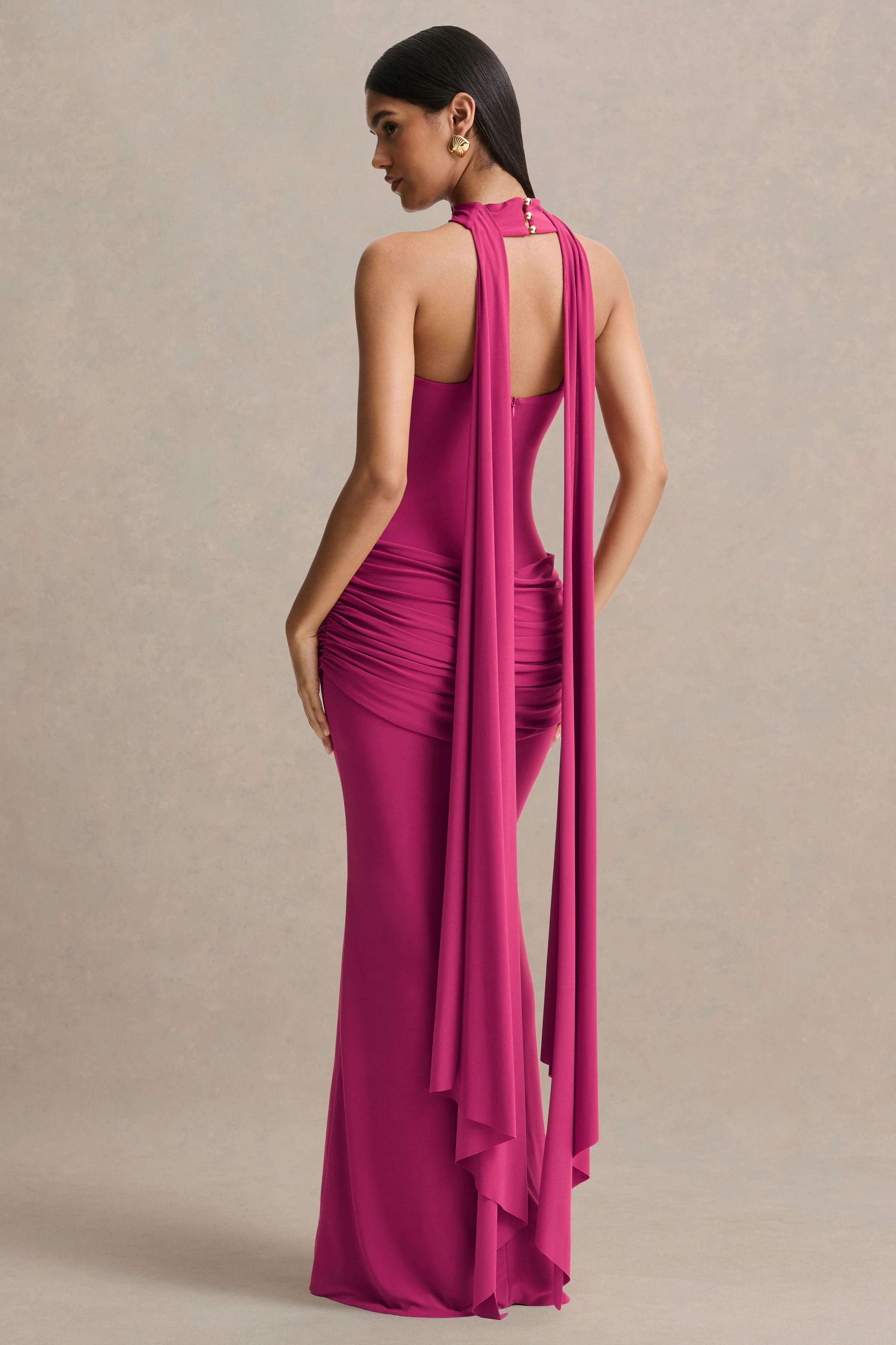 Graciella | Felroze Bandeau Maxi Jurk Met Gedrapeerde Details En Sjaaldetail - Image 2