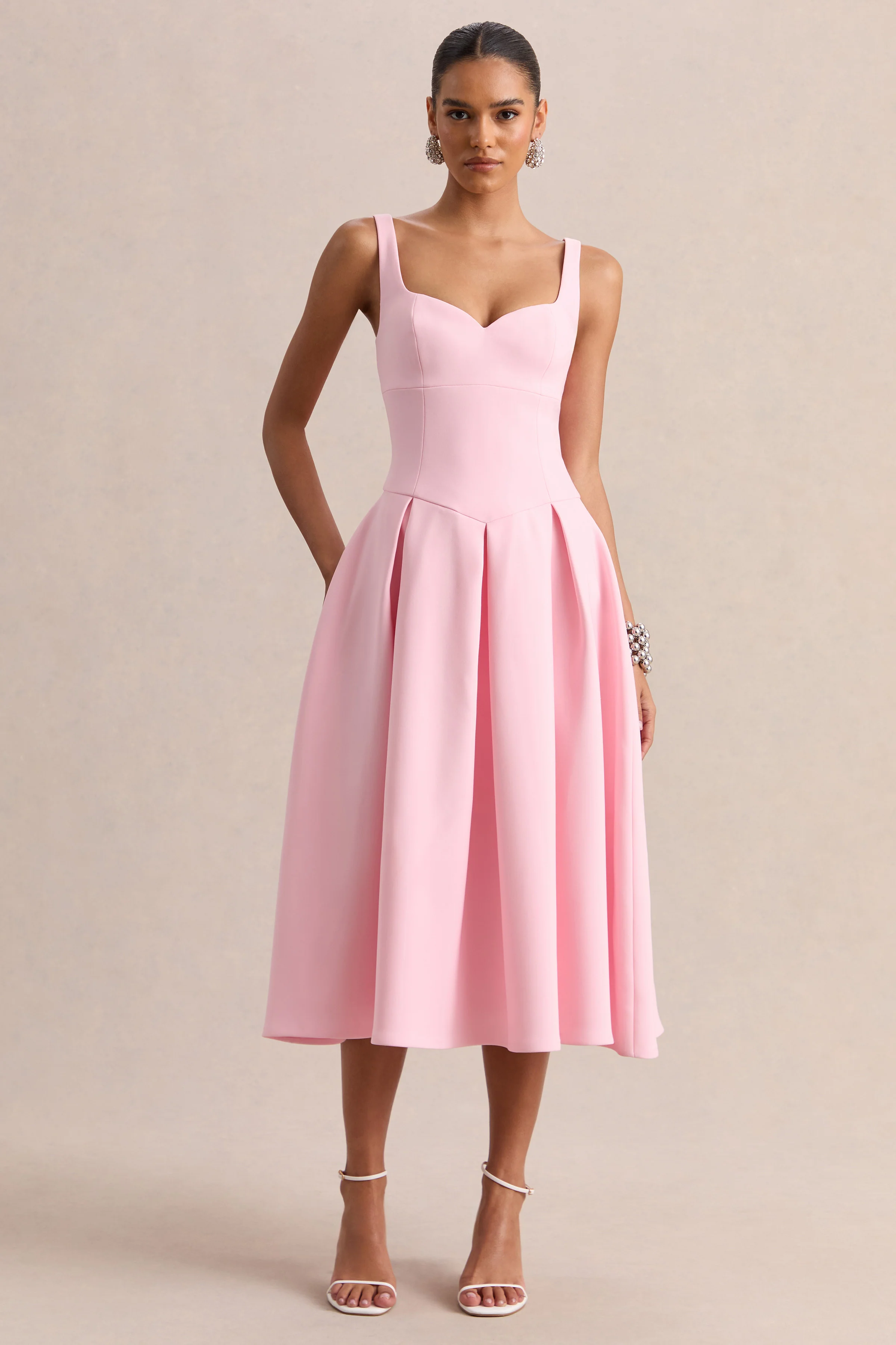 Greta | Licht Roze Sweetheart Halslijn Midi Jurk