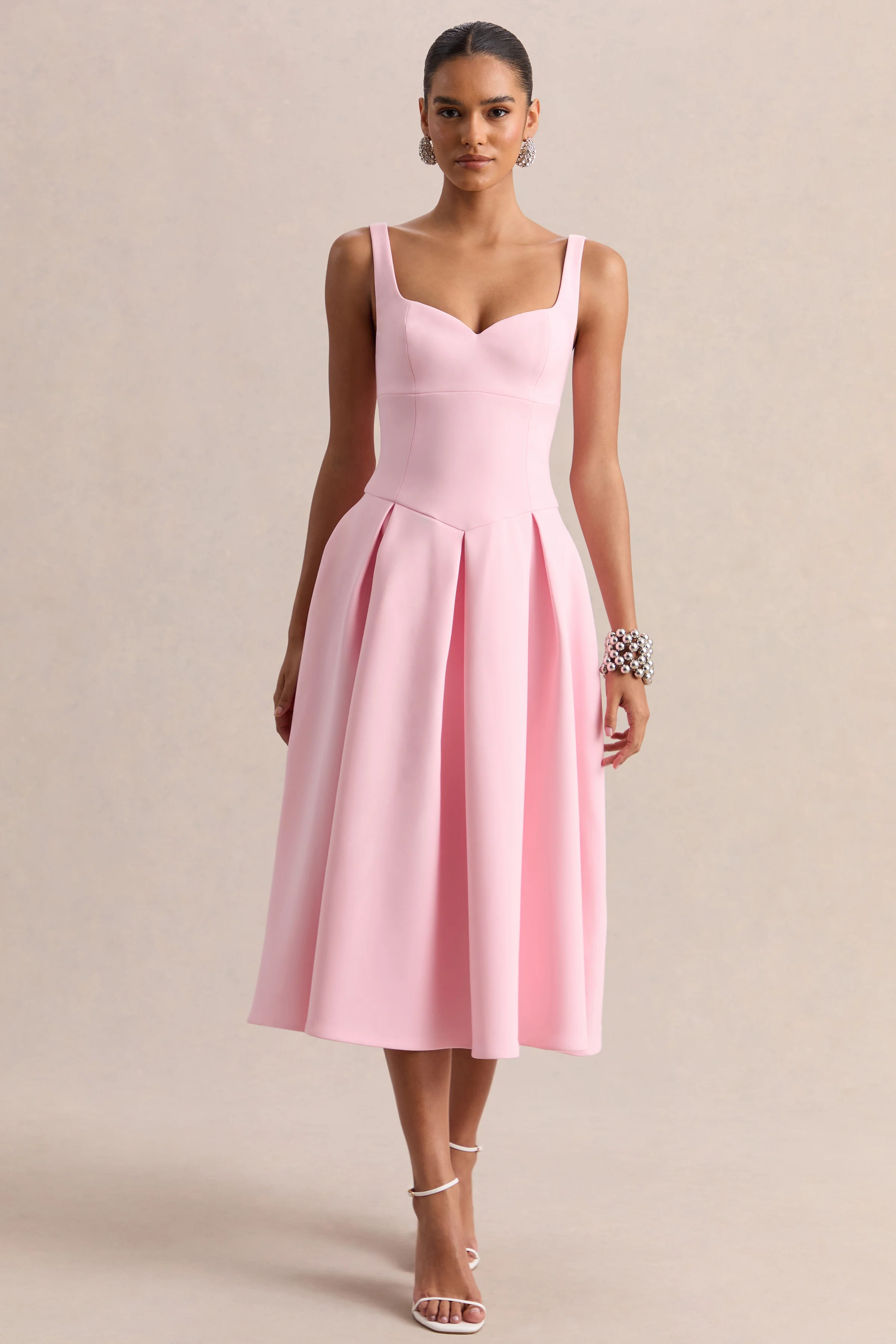 Greta | Licht Roze Sweetheart Halslijn Midi Jurk - Image 5