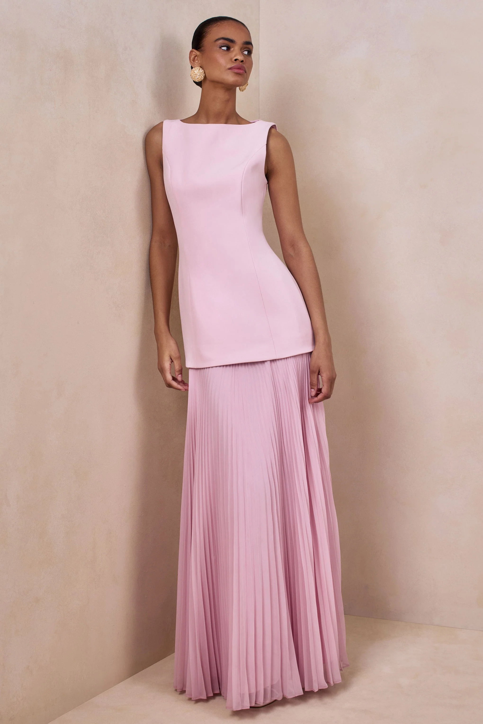 Hadley | Lichtroze Boot Hals Maxi Jurk Met Verlaagde Taille