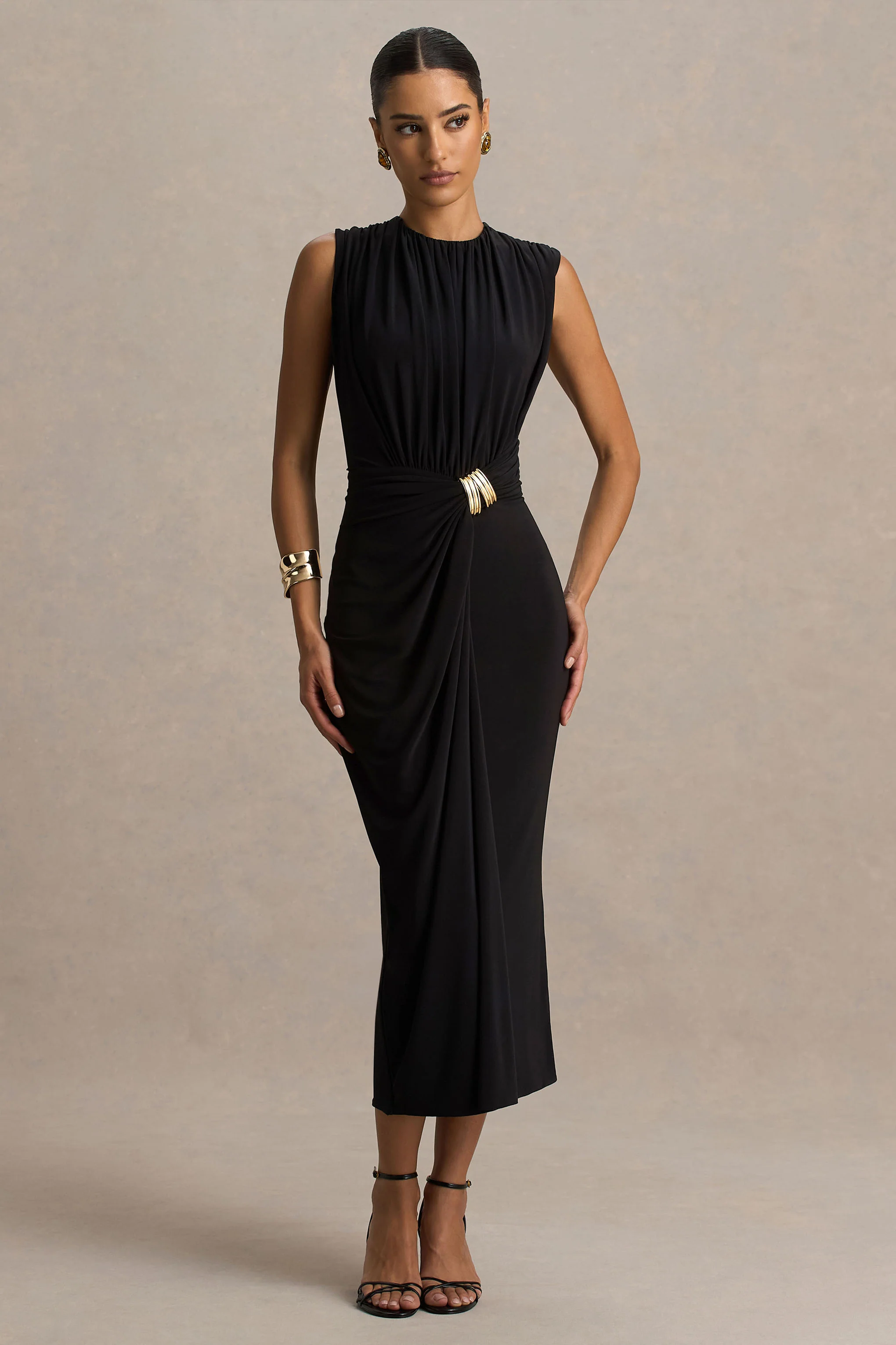 Harlow | Zwart Hoge Hals Maxi Jurk Met Overslag