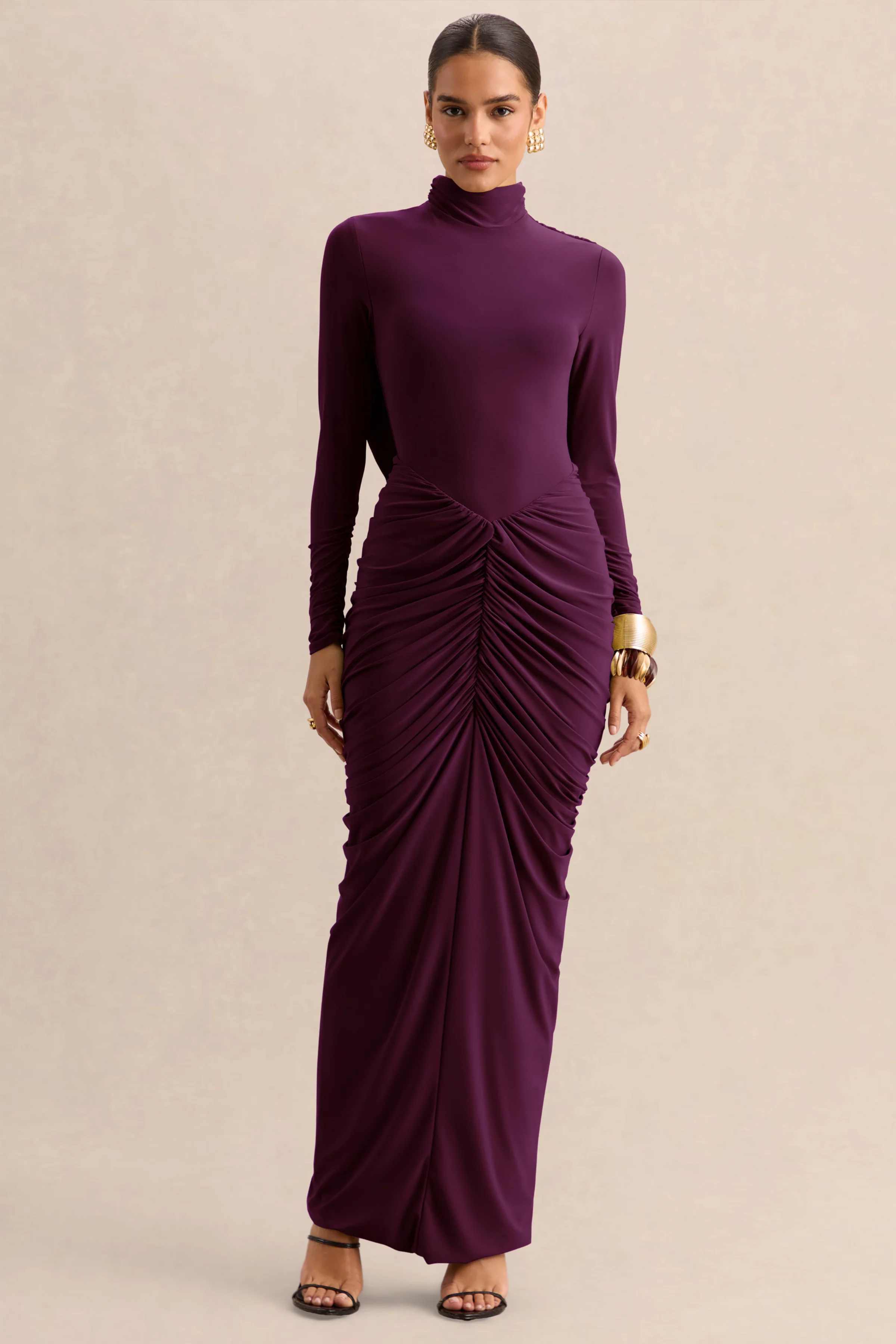 Harmona | Donker Pruim Rode Hoge Hals Maxi Jurk Met Gerimpeld En Draperend Details - Image 4