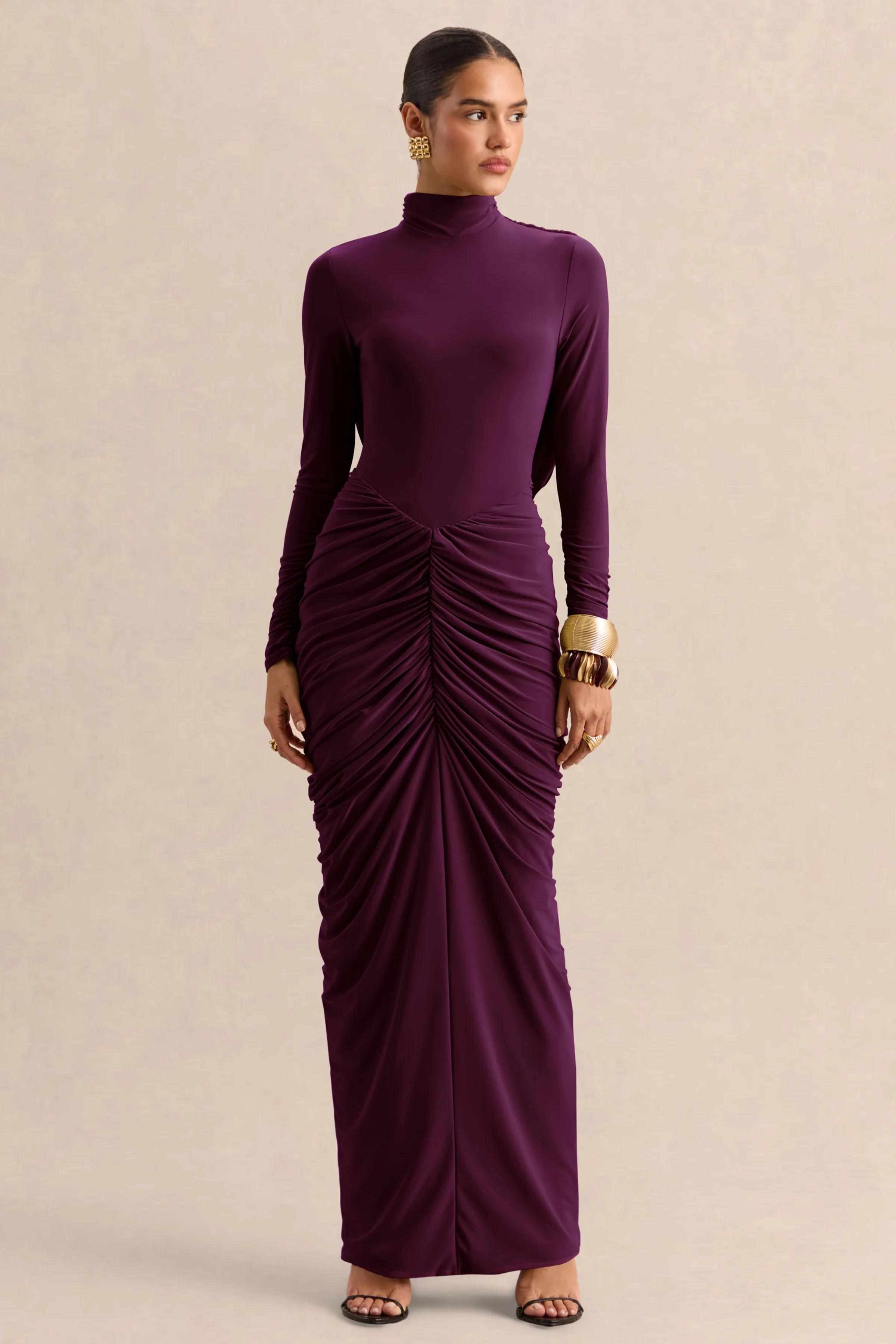 Harmona | Donker Pruim Rode Hoge Hals Maxi Jurk Met Gerimpeld En Draperend Details - Image 7
