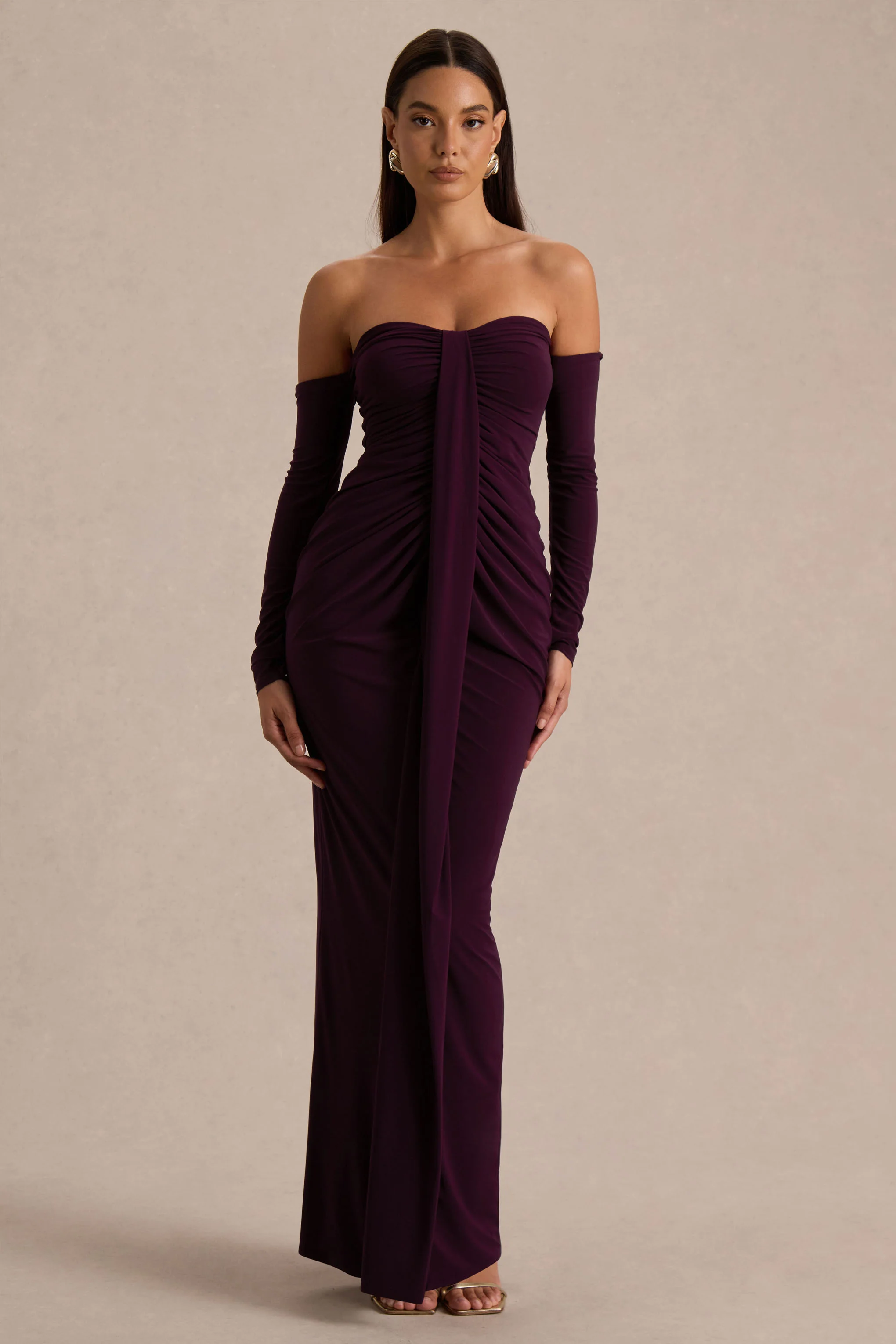 Harper | Pruim Bardot Hals Maxi Jurk