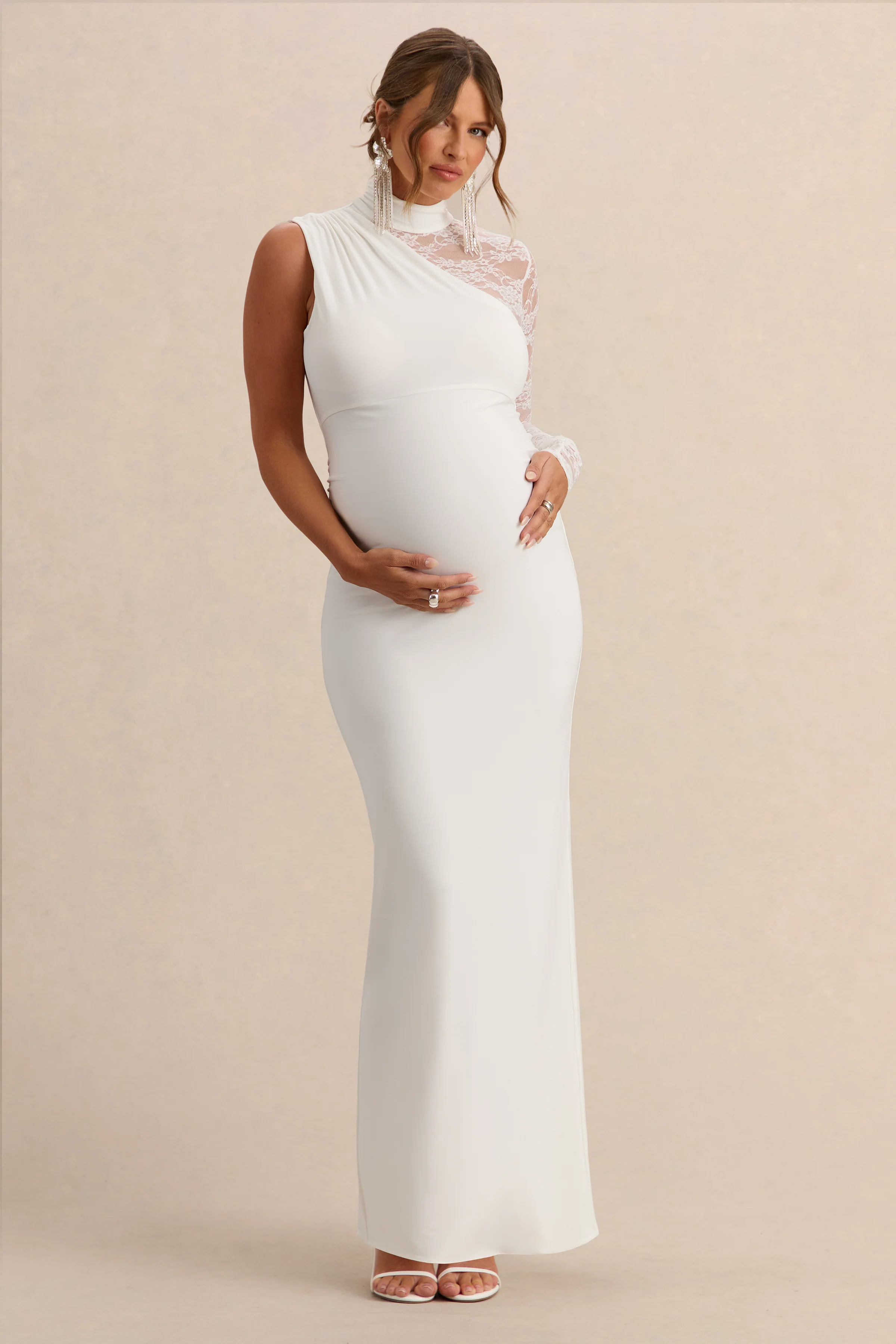Hartley | Witte Hoge Hals Zwangerschaps Maxi Jurk Met Kanten Details