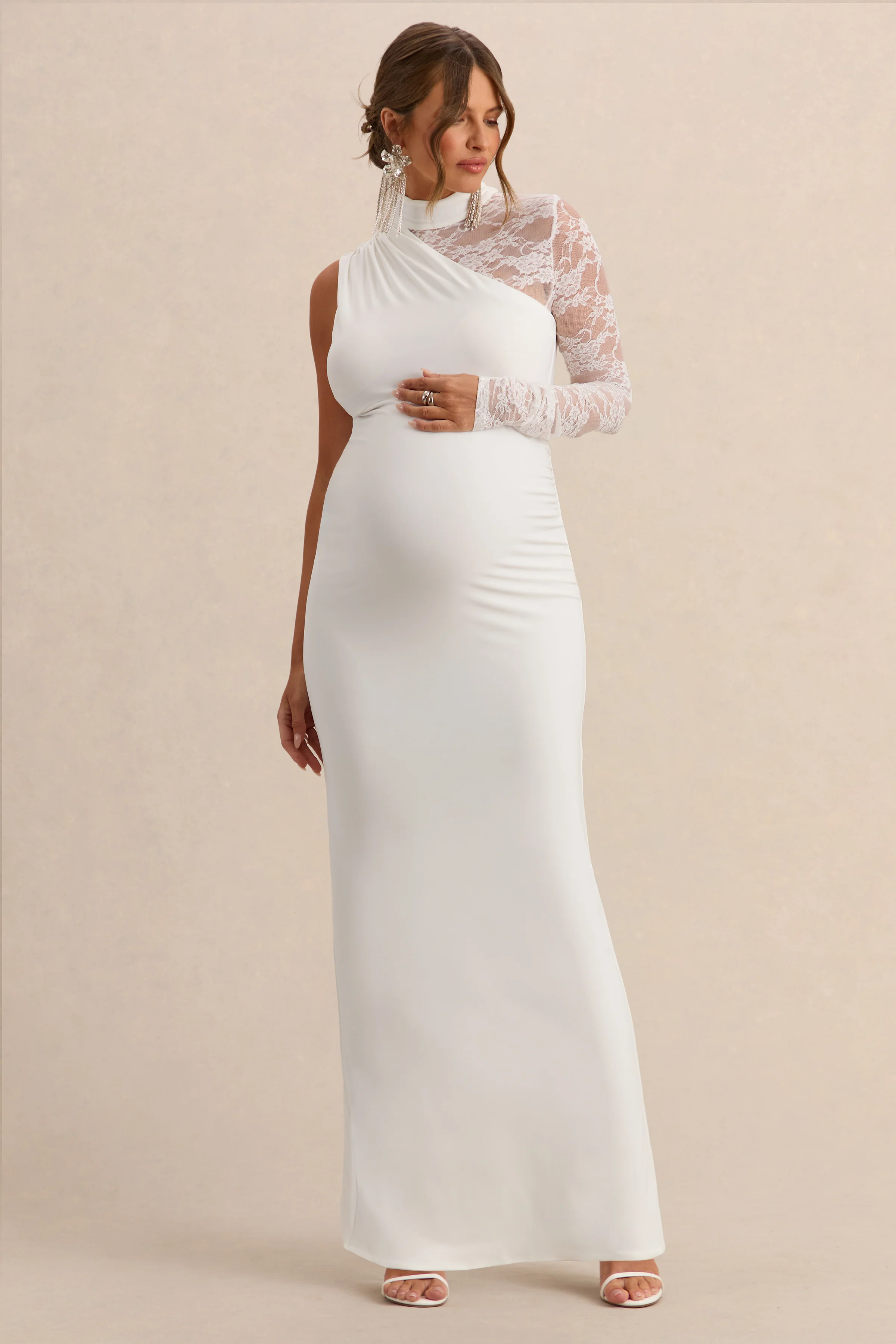 Hartley | Witte Hoge Hals Zwangerschaps Maxi Jurk Met Kanten Details - Image 4