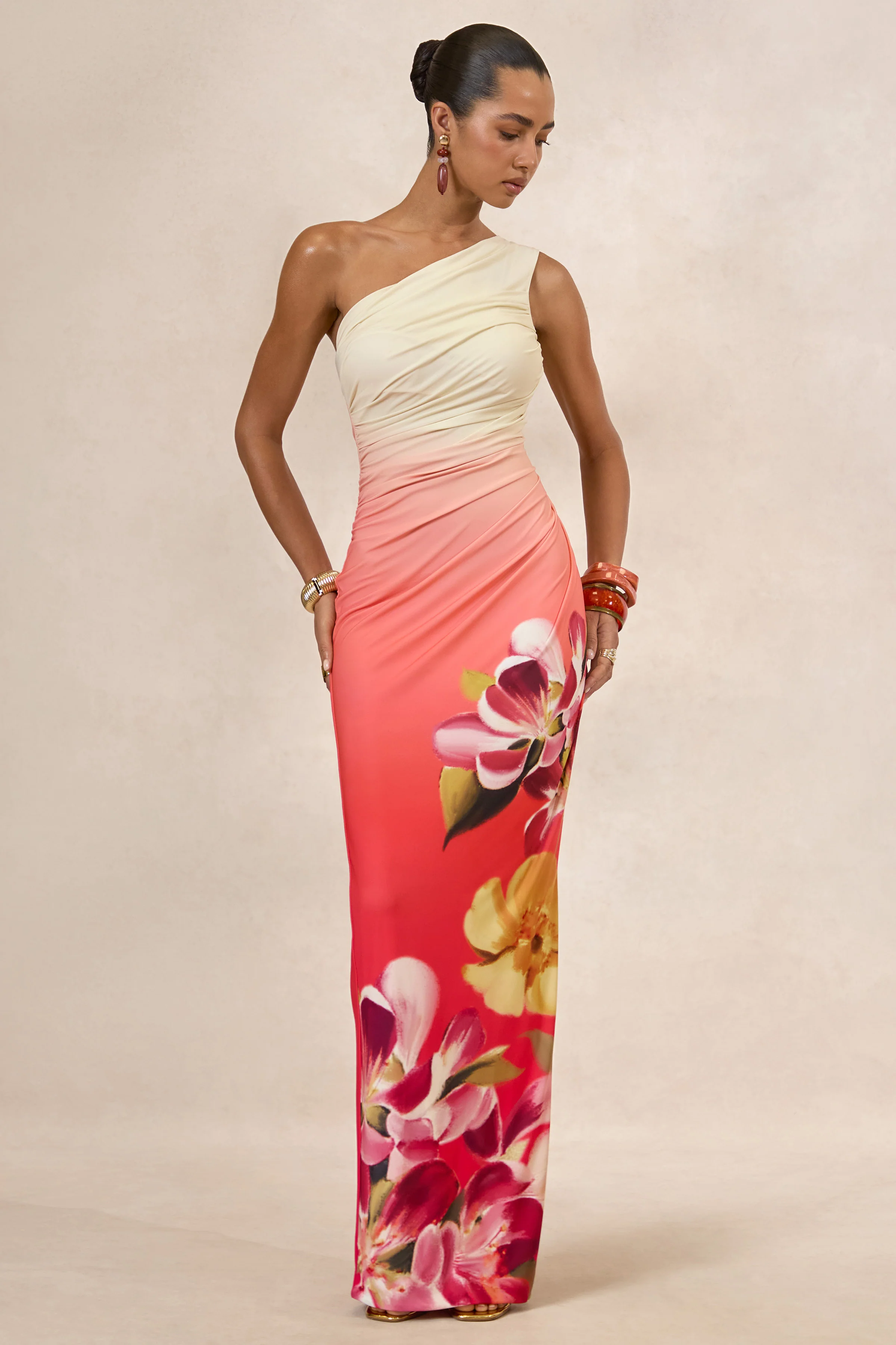 Hazel | Oranje En Roze Bloemenprint Maxi Jurk Met Asymmetrische Hals
