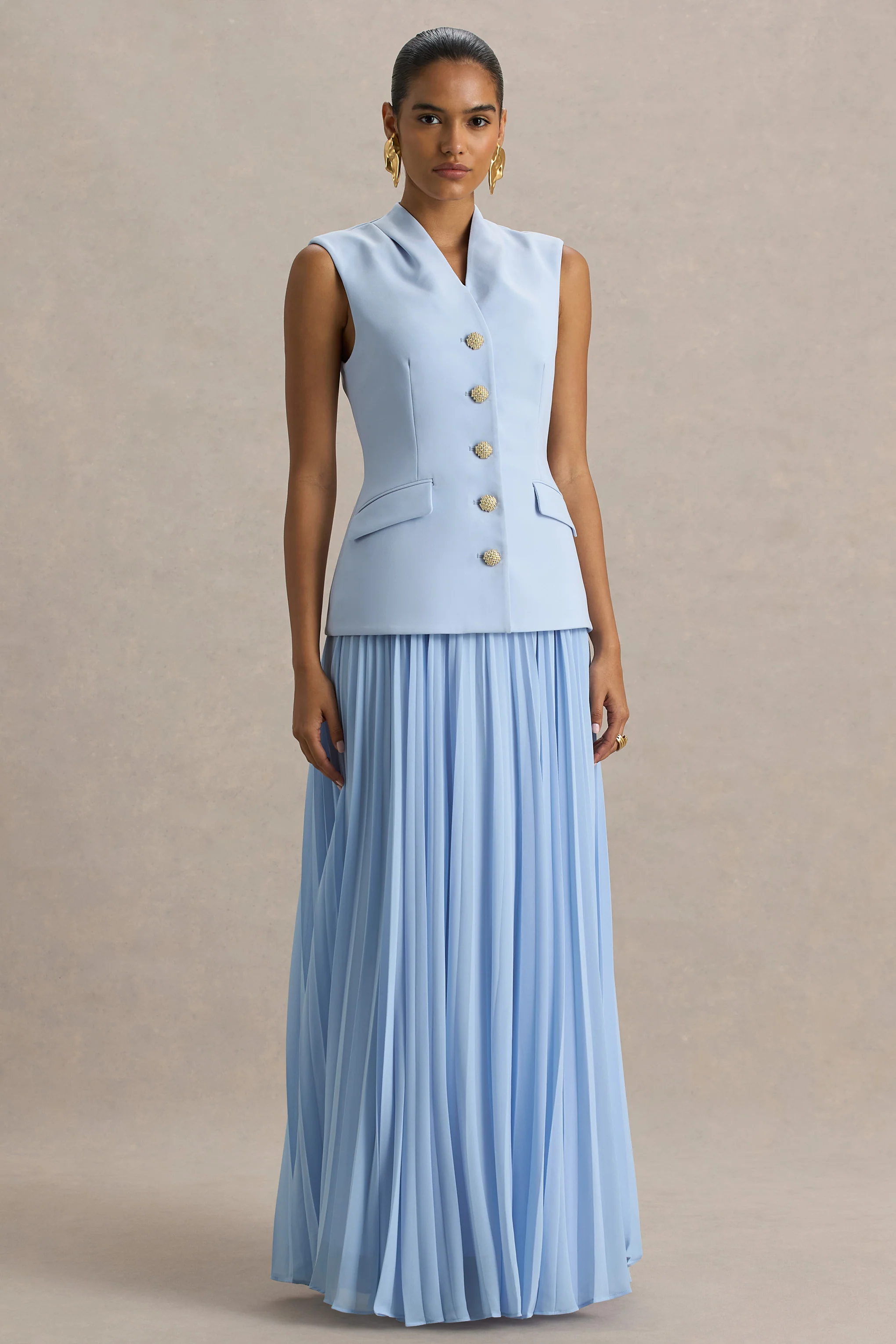 Heavenly | Poederblauwe Hoge Hals Maxi Jurk Met Geplooide Details