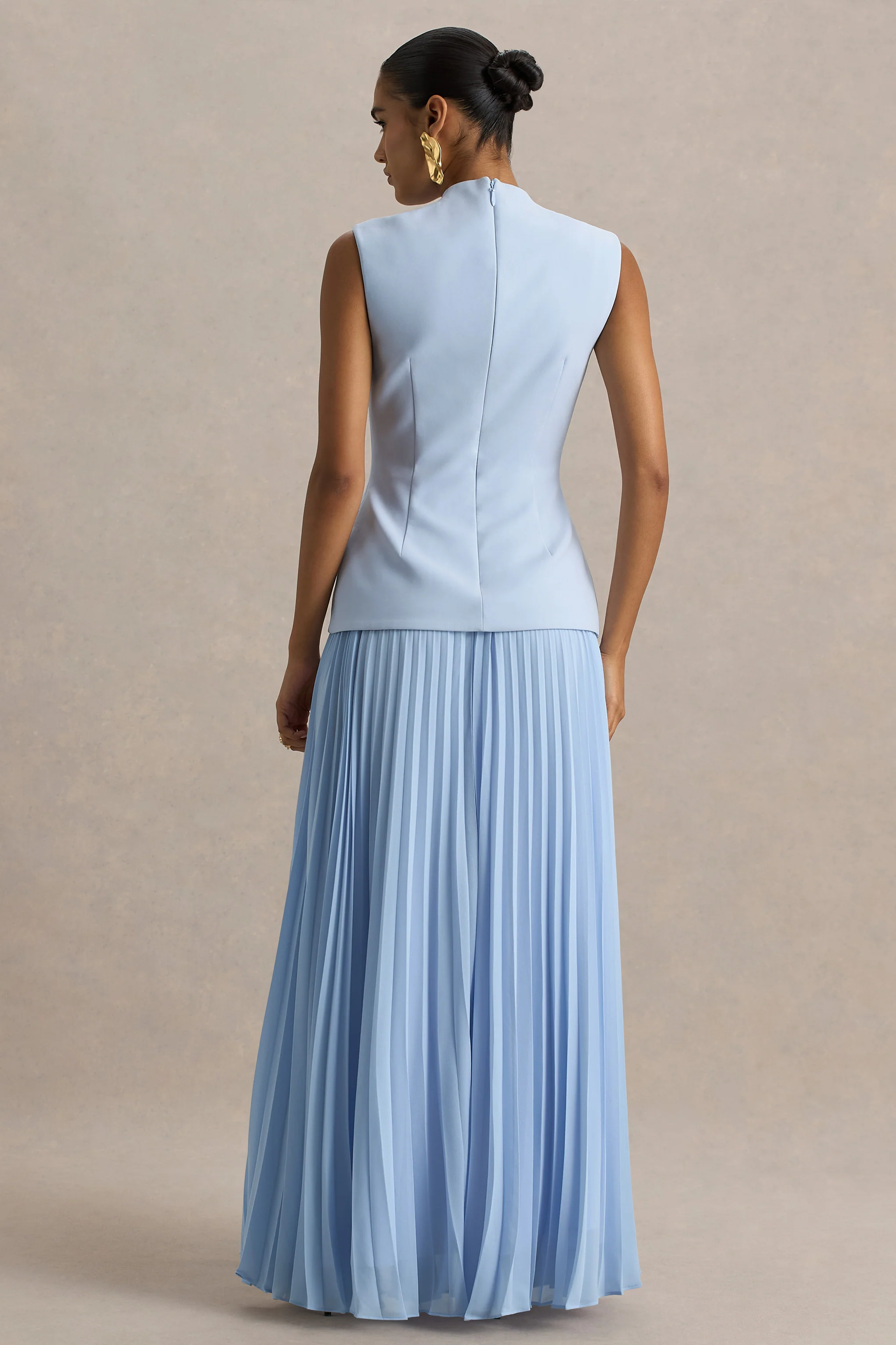 Heavenly | Poederblauwe Hoge Hals Maxi Jurk Met Geplooide Details - Image 2