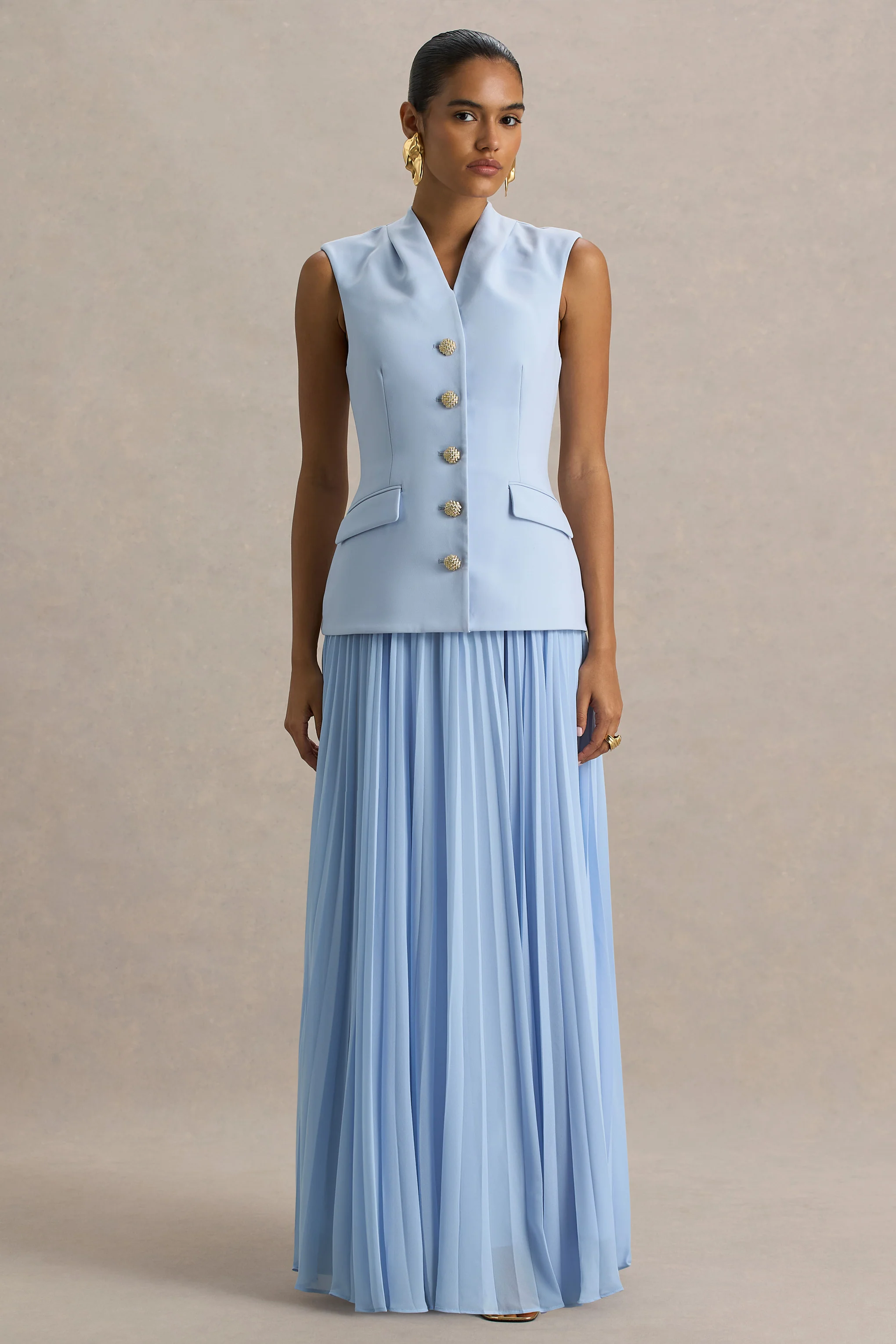 Heavenly | Poederblauwe Hoge Hals Maxi Jurk Met Geplooide Details - Image 3