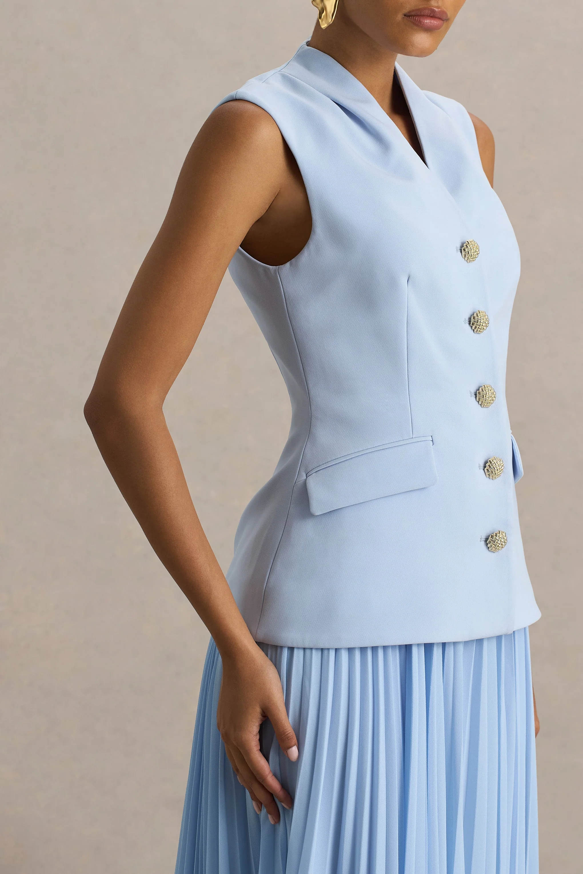Heavenly | Poederblauwe Hoge Hals Maxi Jurk Met Geplooide Details - Image 4