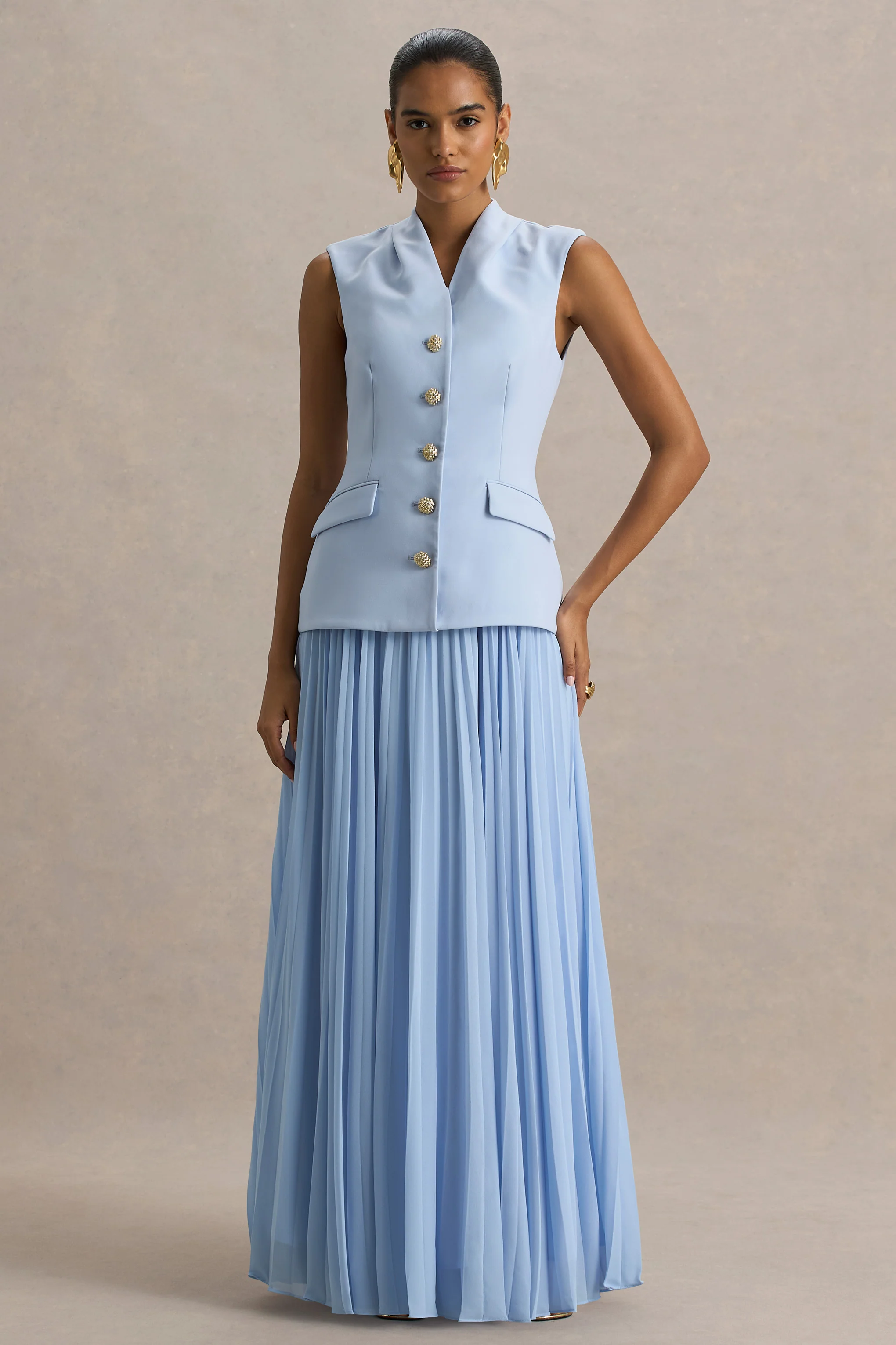 Heavenly | Poederblauwe Hoge Hals Maxi Jurk Met Geplooide Details - Image 5