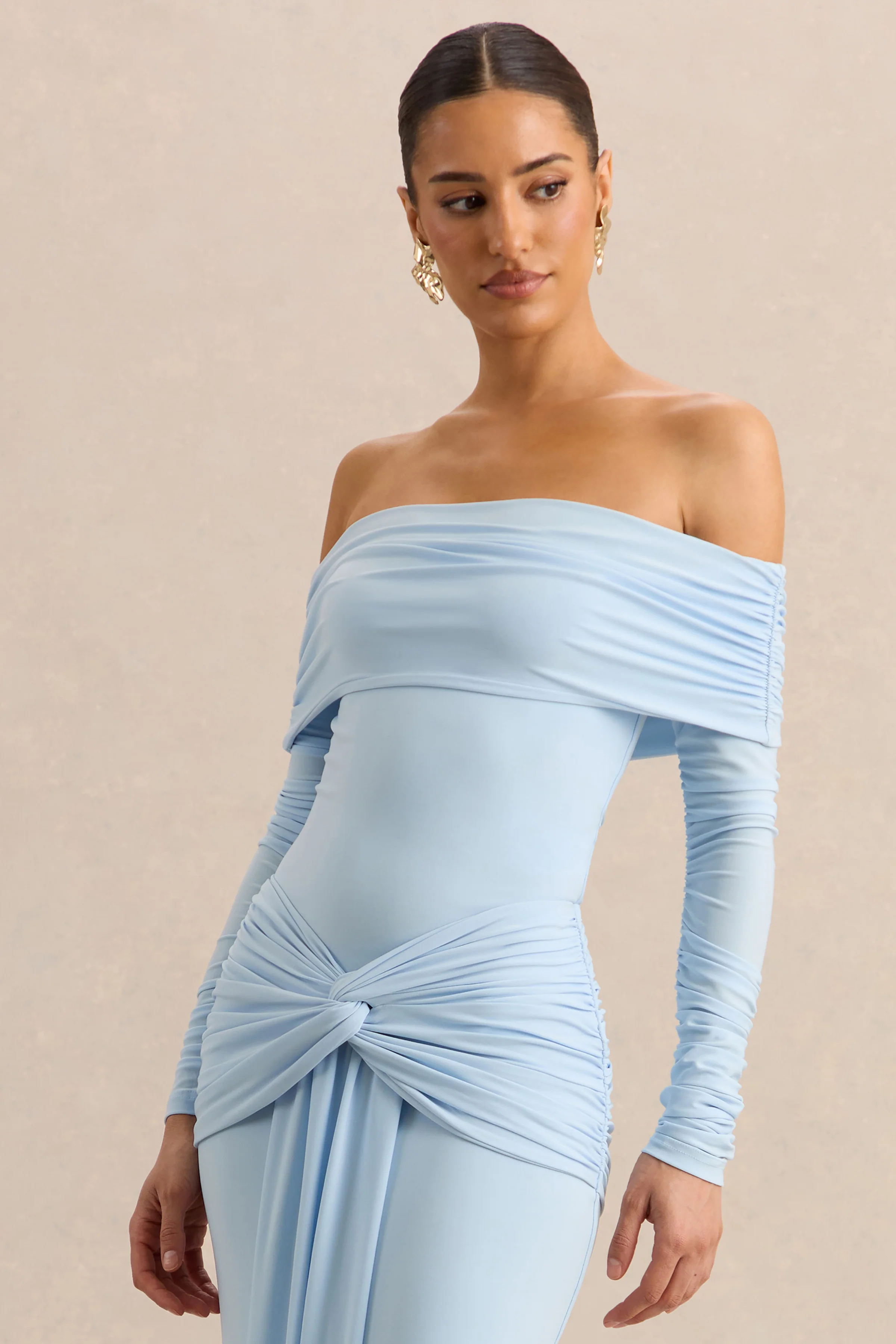 Helia | Blauwe Bardot Hals Body Met Lange Gerimpelde Mouwen - Image 4