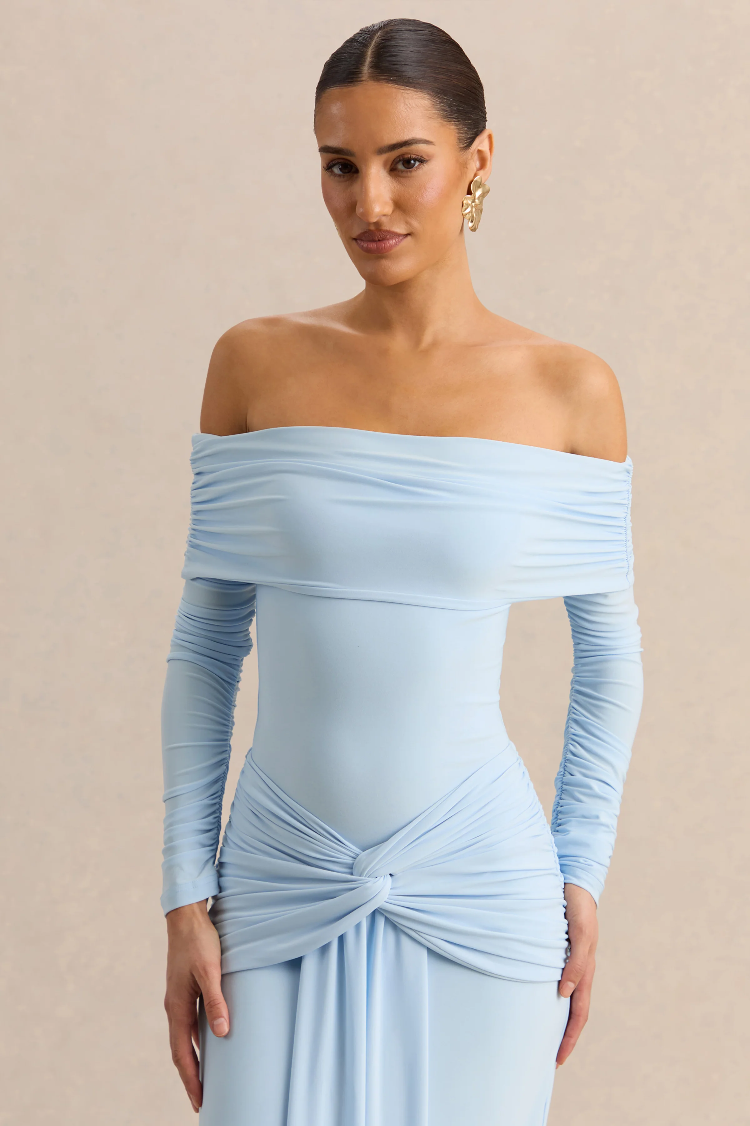 Helia | Blauwe Bardot Hals Body Met Lange Gerimpelde Mouwen - Image 6